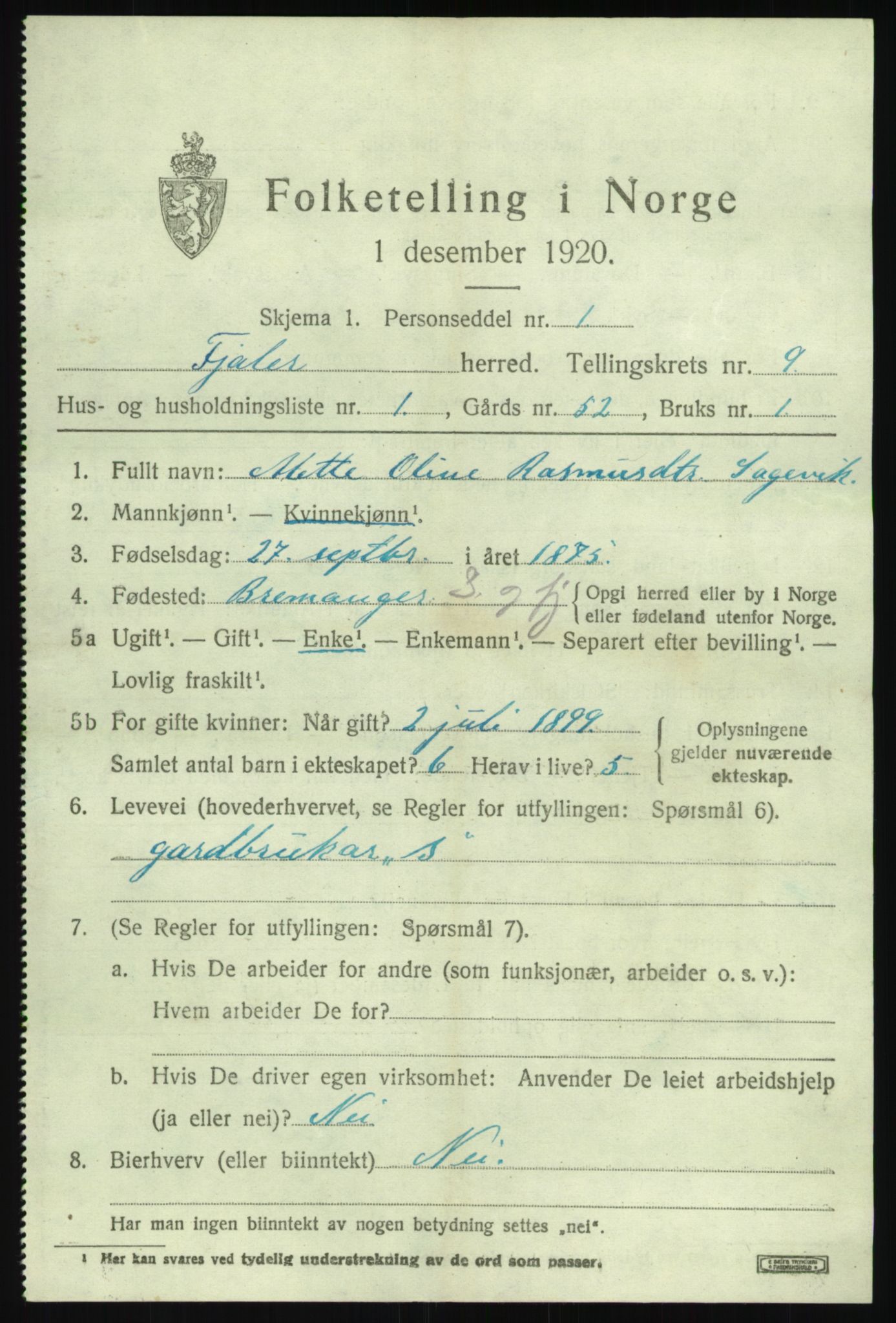 SAB, 1920 census for Fjaler, 1920, p. 4631