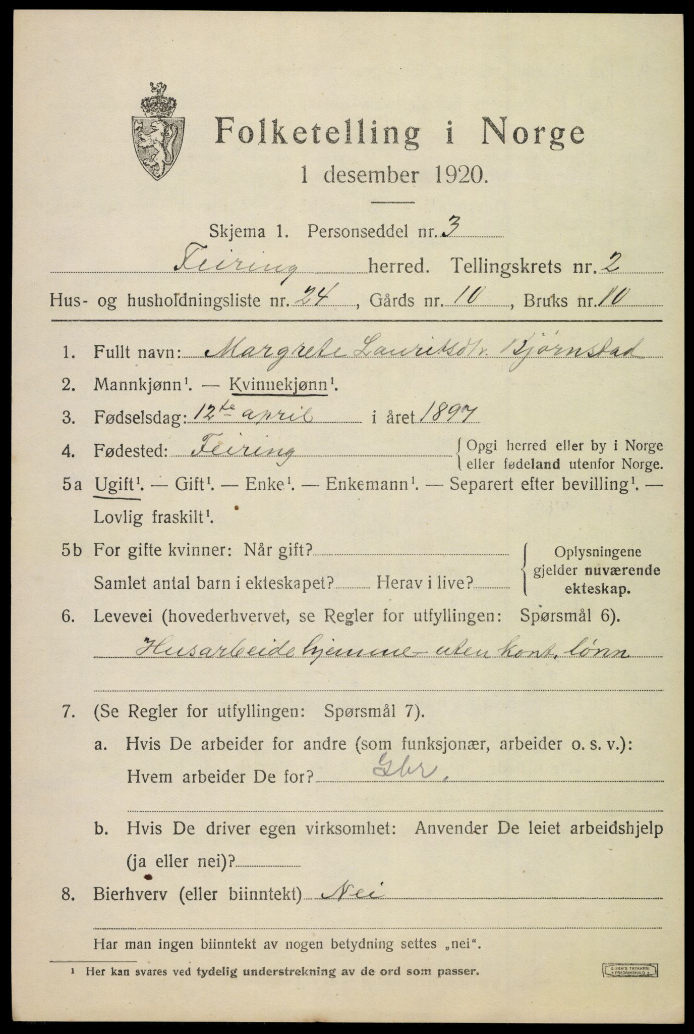 SAO, 1920 census for Feiring, 1920, p. 1046