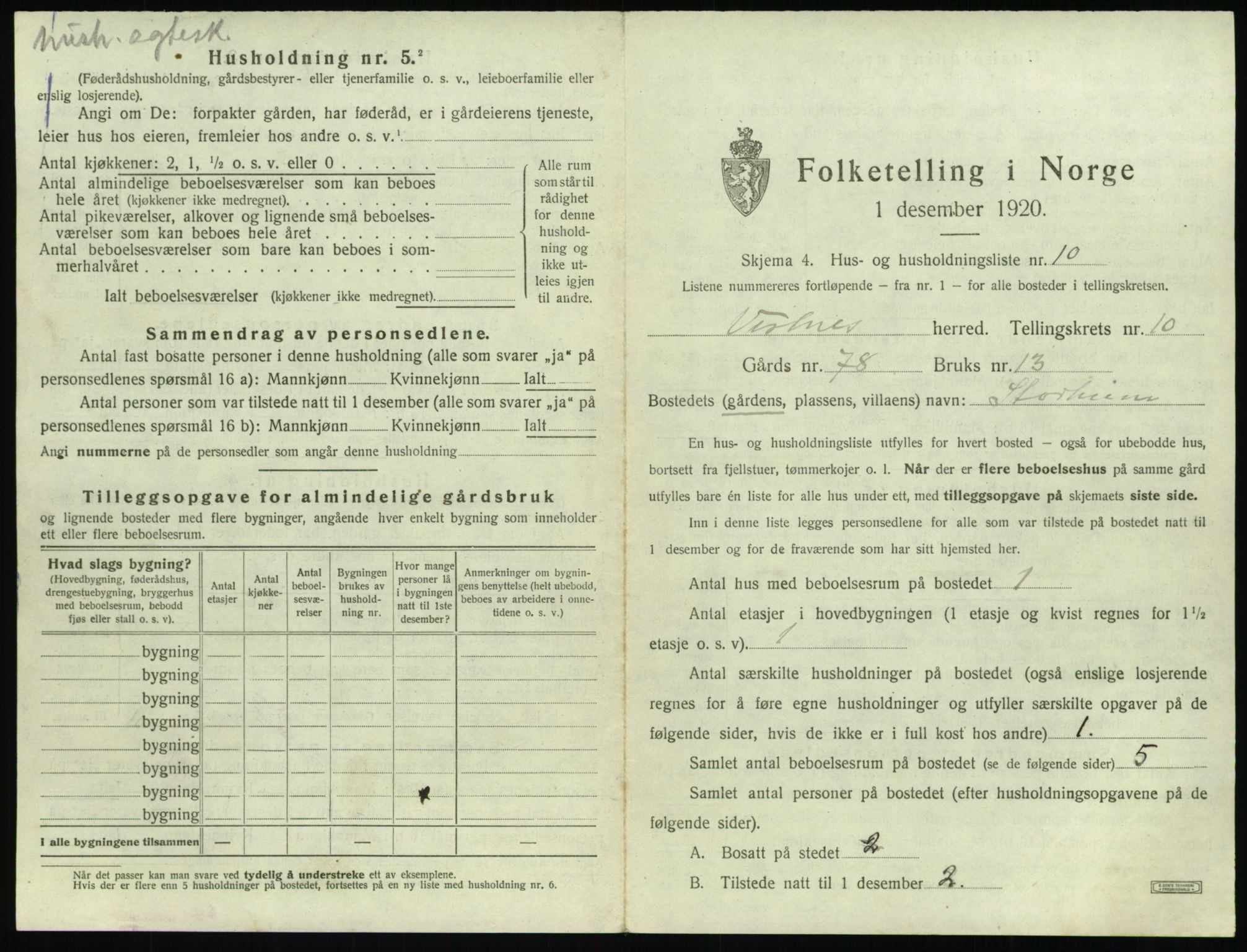 SAT, 1920 census for Vestnes, 1920, p. 1065