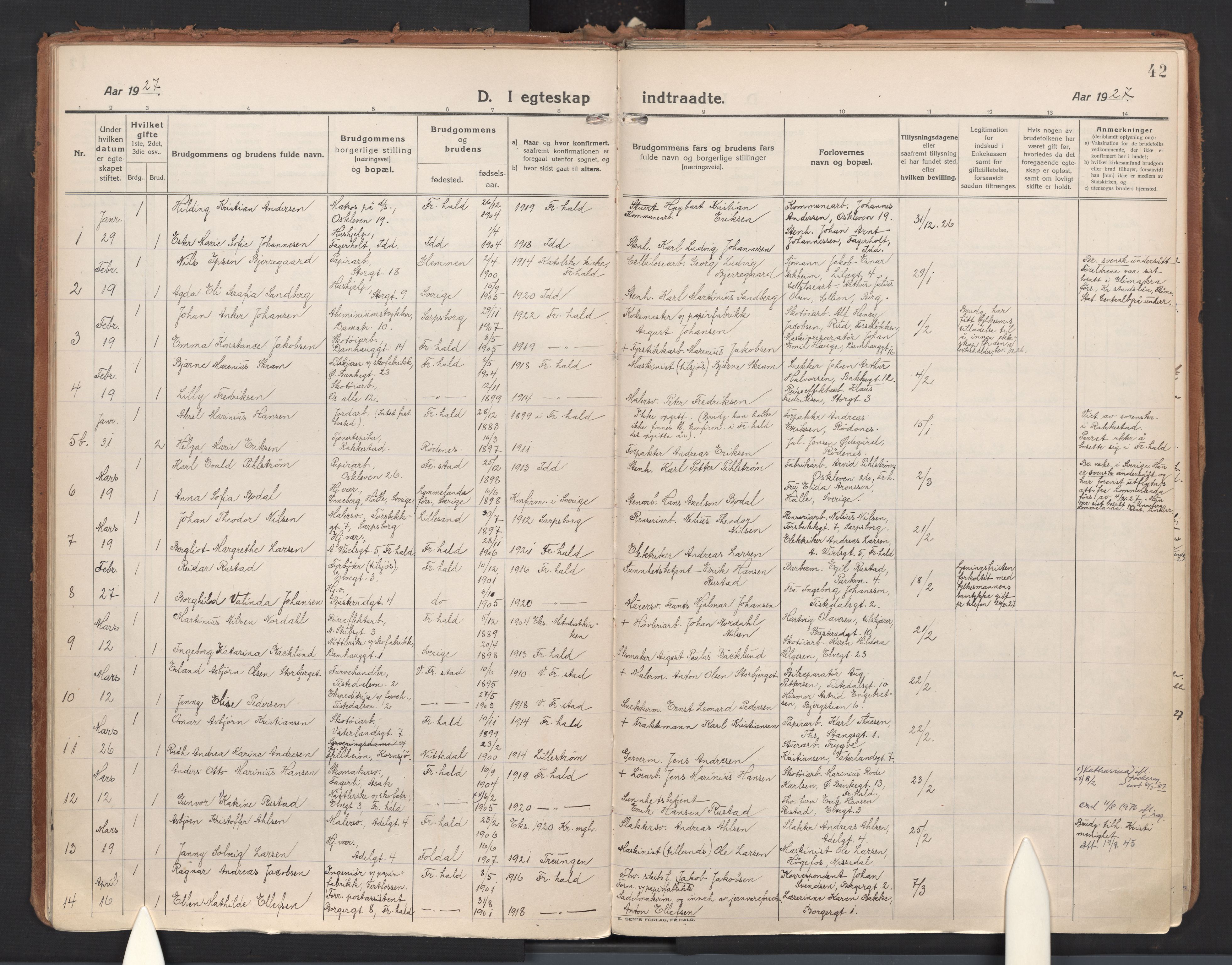 Halden prestekontor Kirkebøker, SAO/A-10909/F/Fa/L0017: Parish register (official) no. I 17, 1921-1945, p. 42