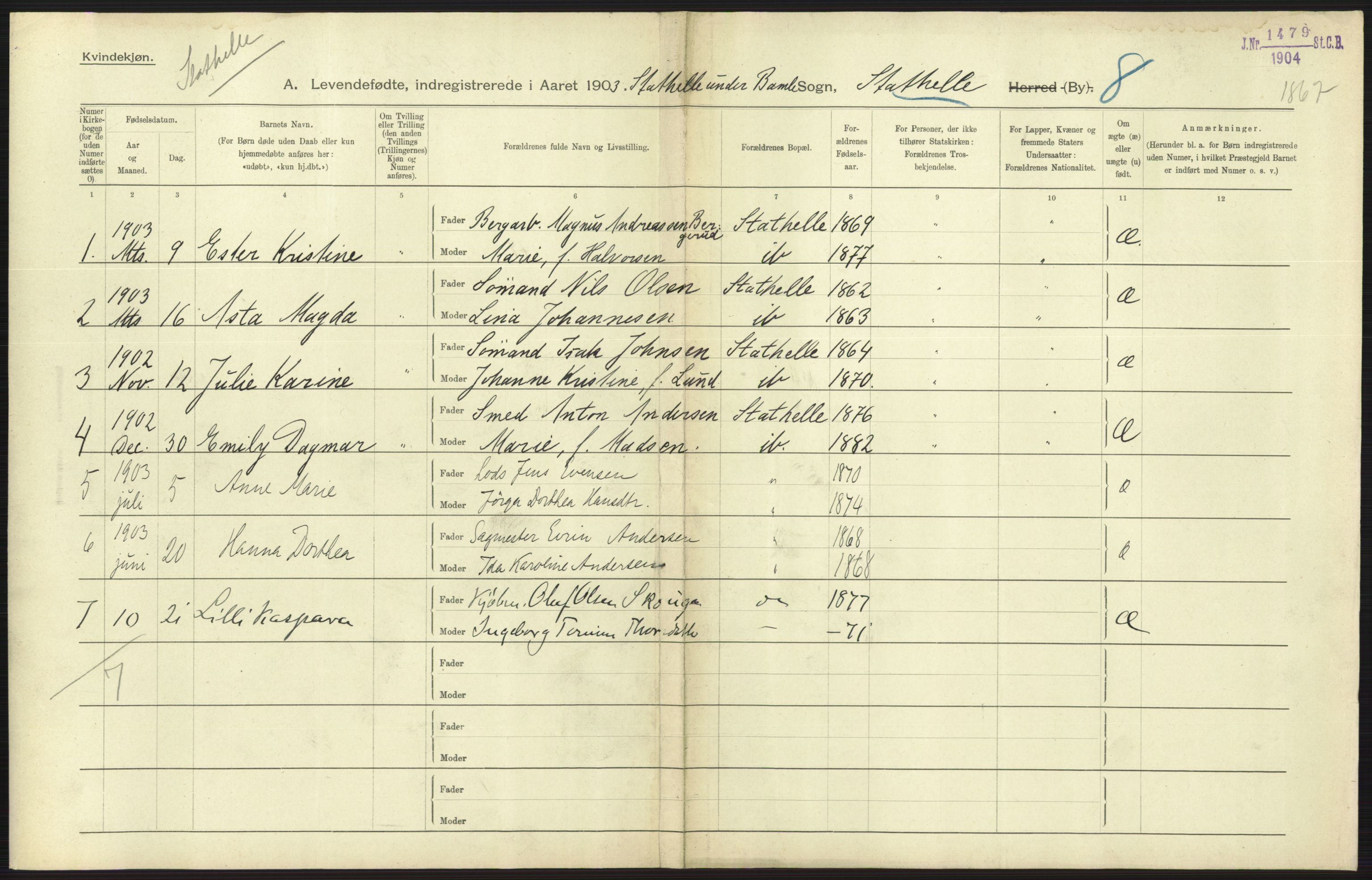 Statistisk sentralbyrå, Sosiodemografiske emner, Befolkning, AV/RA-S-2228/D/Df/Dfa/Dfaa/L0009: Bratsberg amt: Fødte, gifte, døde, 1903, p. 313