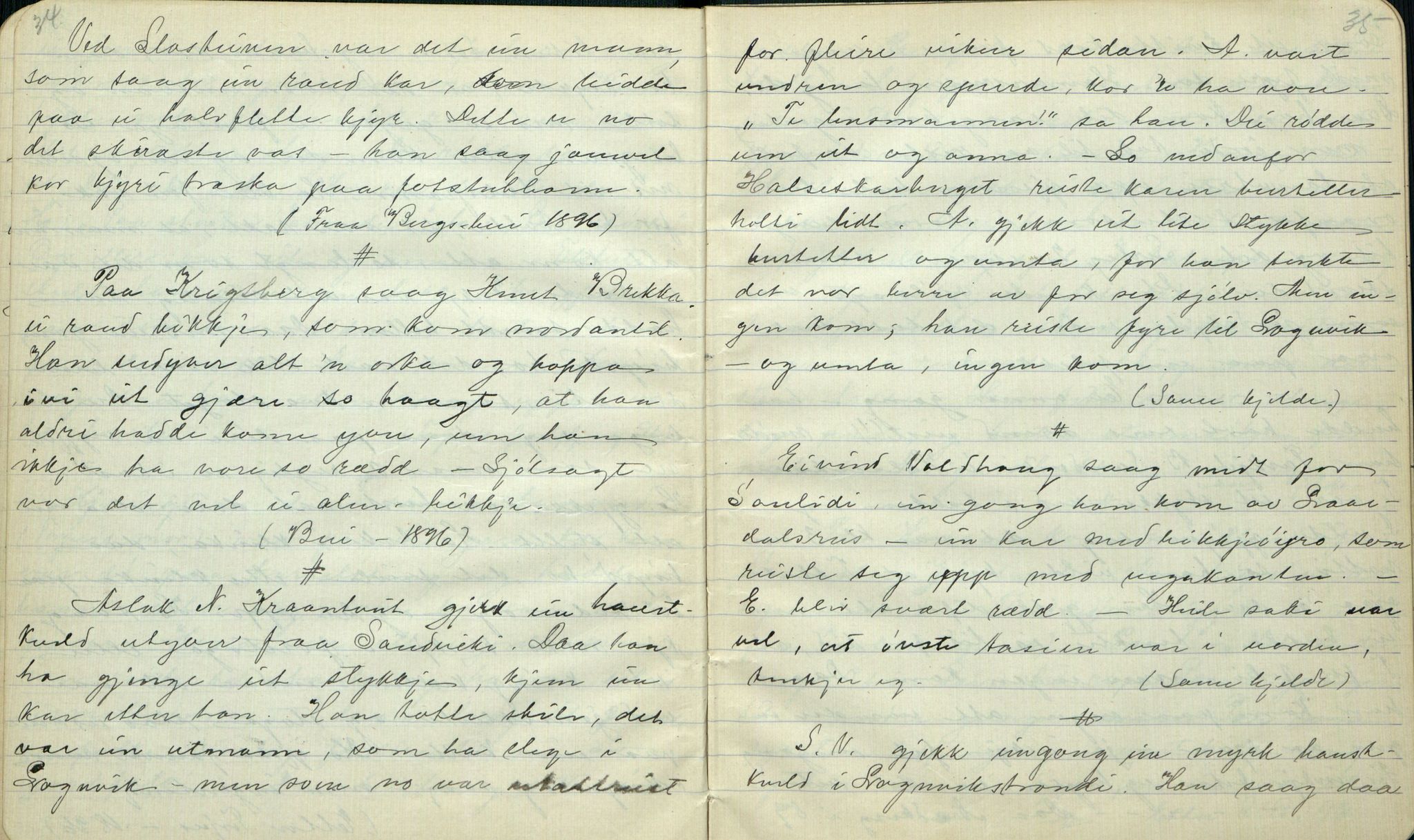 Rikard Berge, TEMU/TGM-A-1003/F/L0001/0005: 001-030 Innholdslister / 2. Erindringer om merkelige begivenheter, slegter, personligheder, 1900, p. 34-35