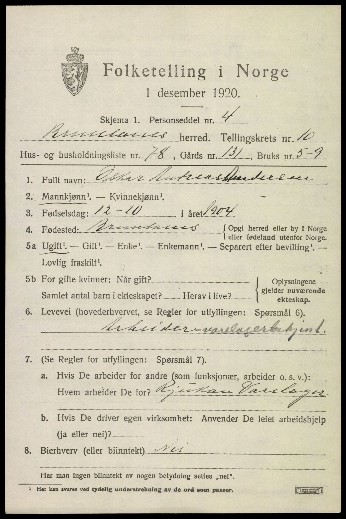 SAKO, 1920 census for Brunlanes, 1920, p. 9257