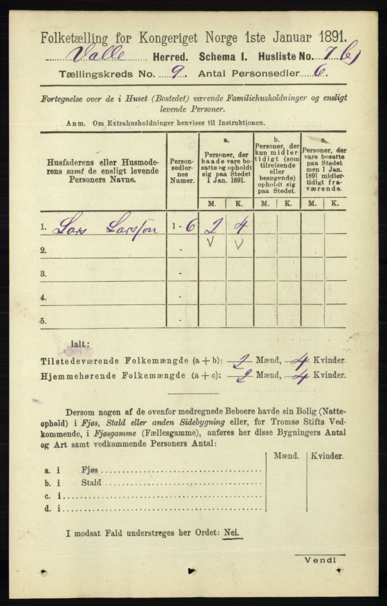 RA, 1891 census for 0940 Valle, 1891, p. 2393