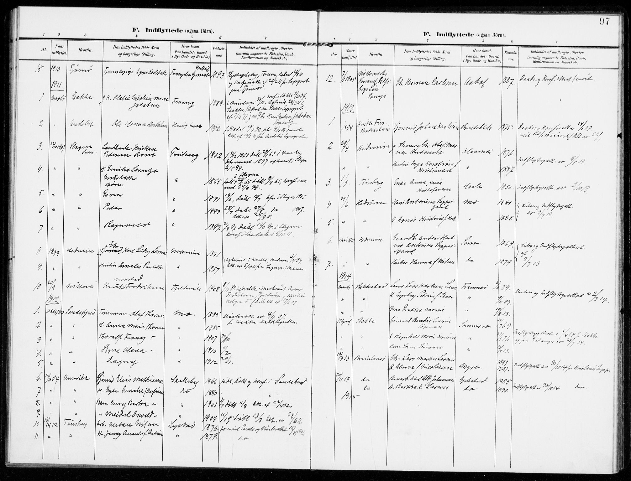 Sandar kirkebøker, SAKO/A-243/F/Fa/L0019: Parish register (official) no. 19, 1908-1914, p. 97