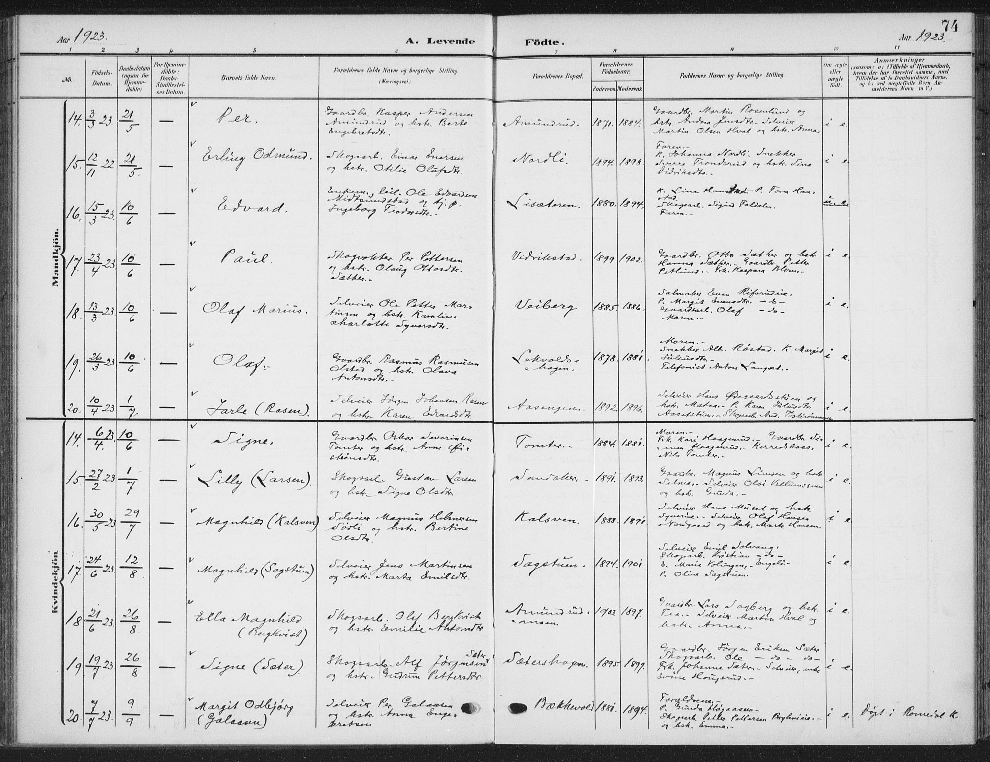 Romedal prestekontor, AV/SAH-PREST-004/K/L0009: Parish register (official) no. 9, 1906-1929, p. 74