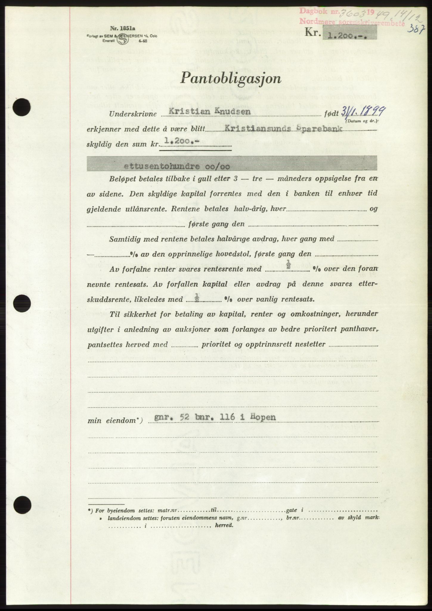 Nordmøre sorenskriveri, AV/SAT-A-4132/1/2/2Ca: Mortgage book no. B103, 1949-1950, Diary no: : 3603/1949