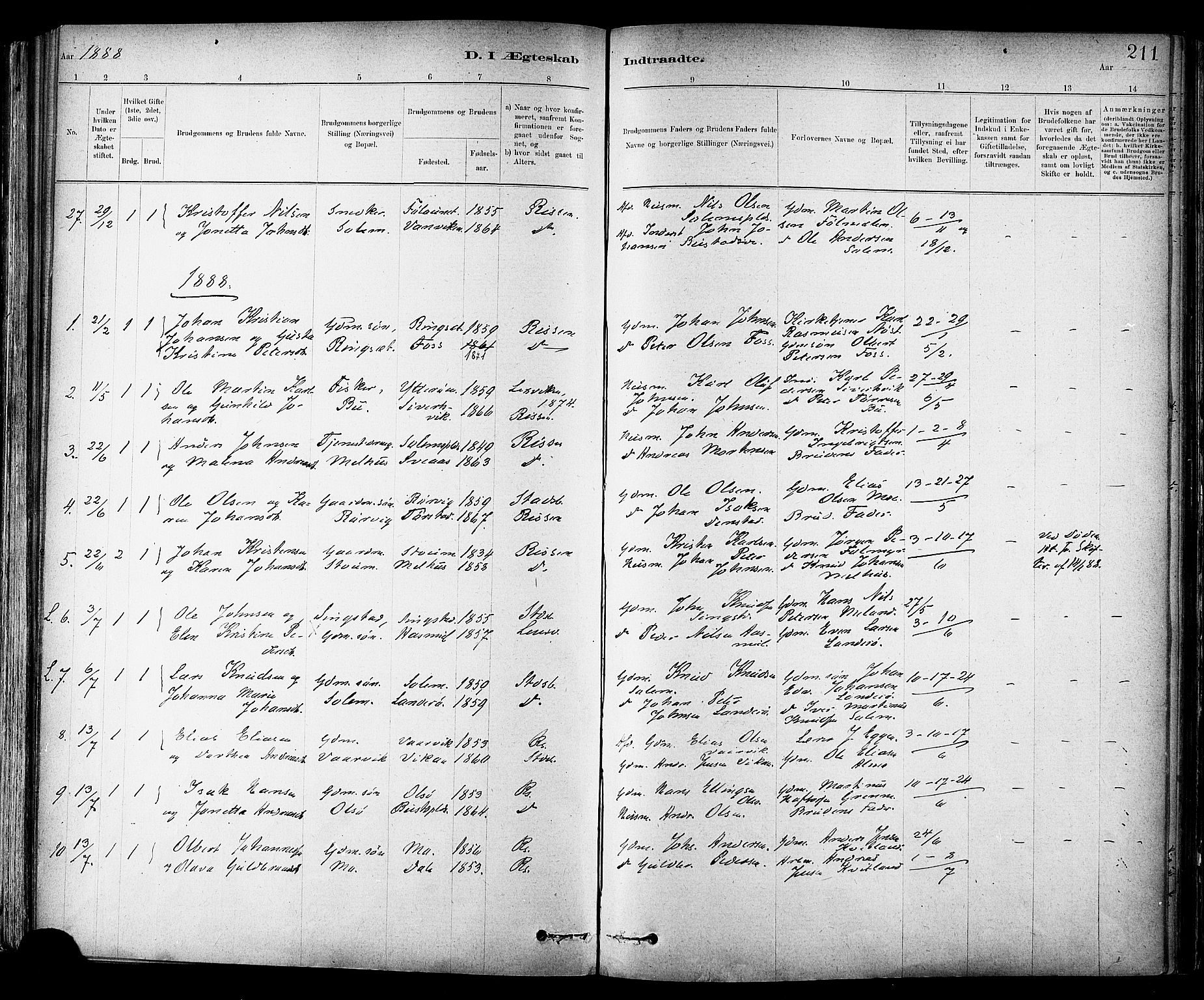 Ministerialprotokoller, klokkerbøker og fødselsregistre - Sør-Trøndelag, SAT/A-1456/647/L0634: Parish register (official) no. 647A01, 1885-1896, p. 211