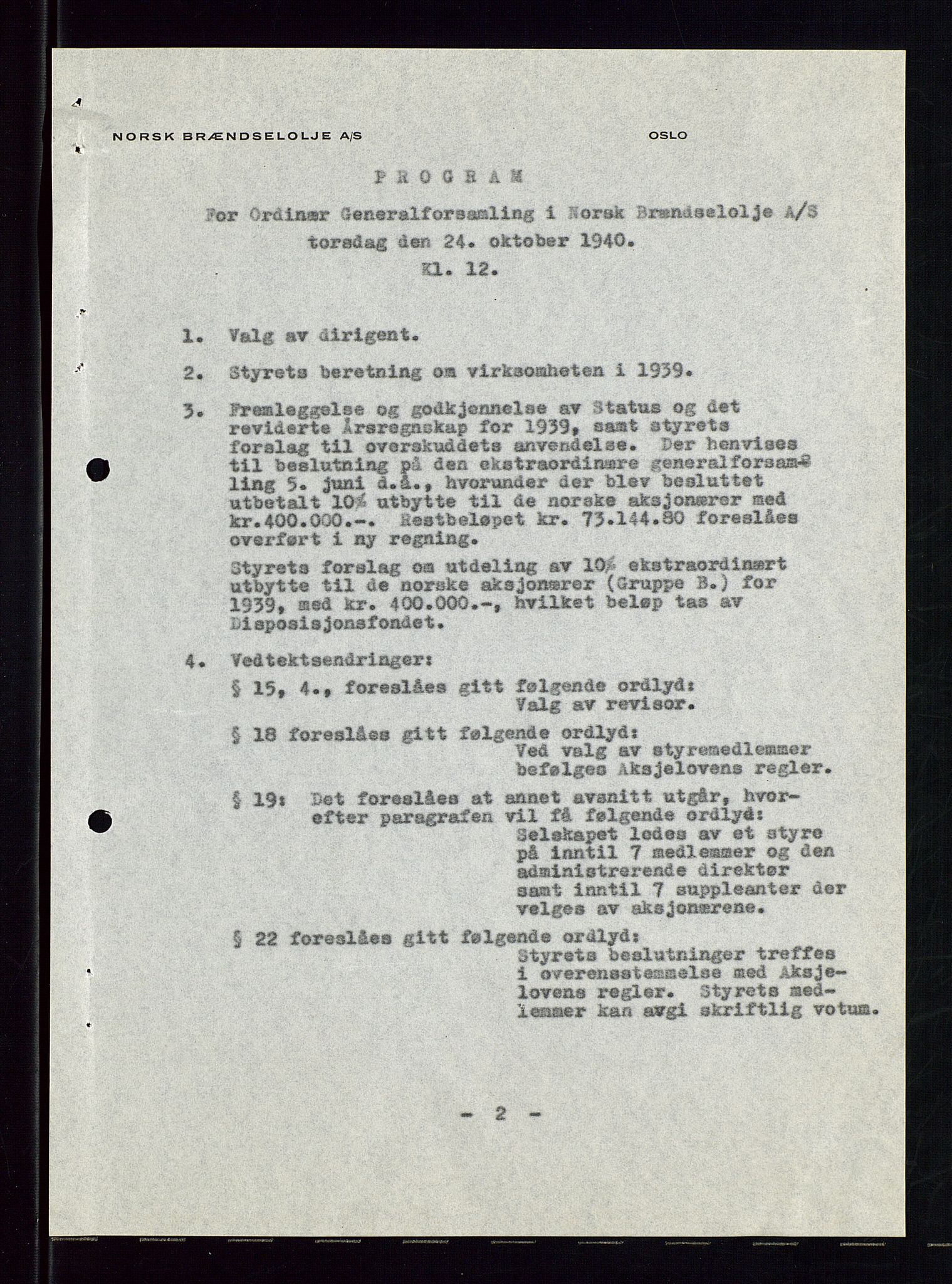 PA 1544 - Norsk Brændselolje A/S, AV/SAST-A-101965/1/A/Aa/L0004/0001: Generalforsamling / Ekstraordinær generalforsamling. Generalforsamling , 1940, p. 15