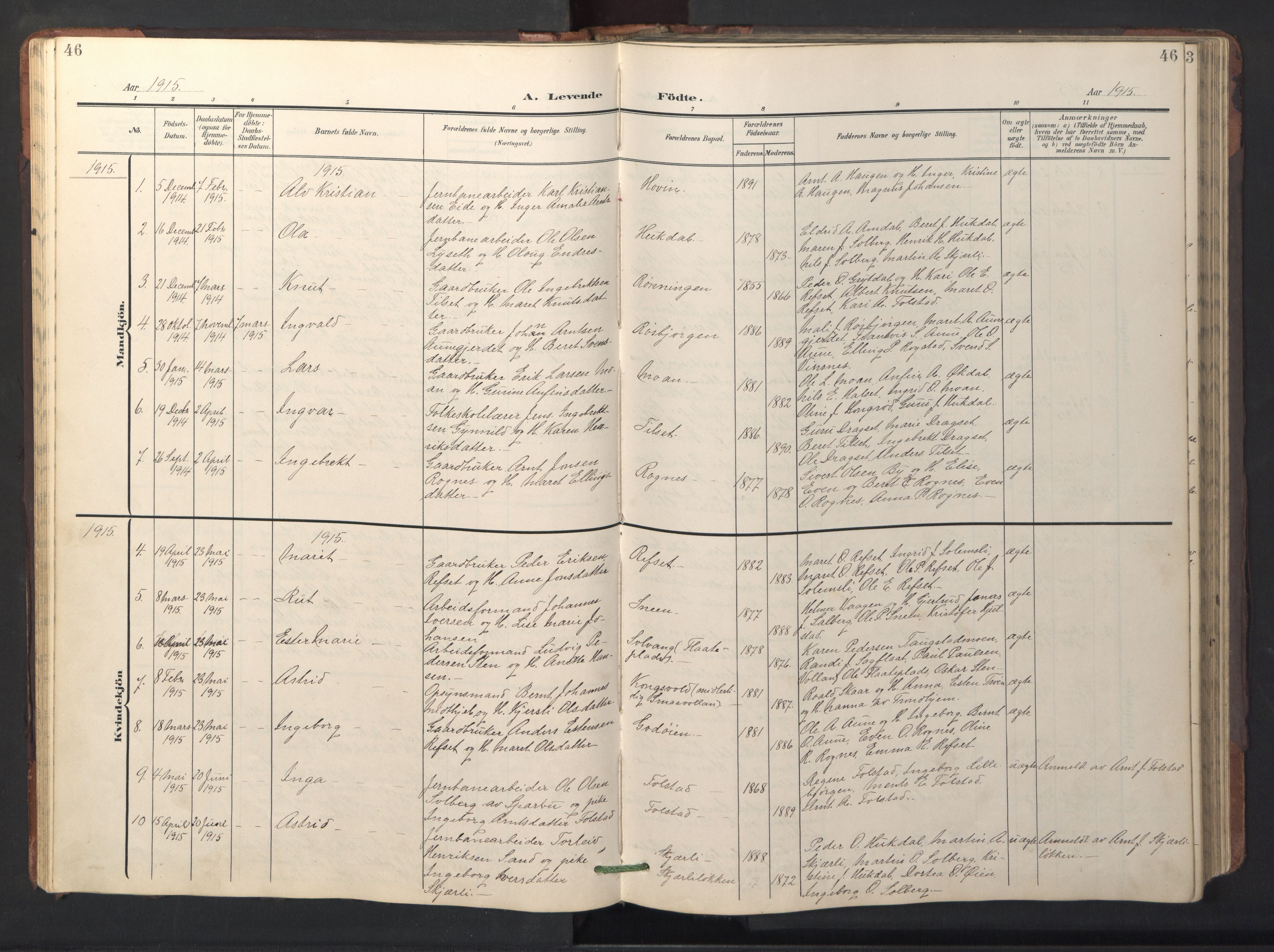 Ministerialprotokoller, klokkerbøker og fødselsregistre - Sør-Trøndelag, SAT/A-1456/687/L1019: Parish register (copy) no. 687C03, 1904-1931, p. 46