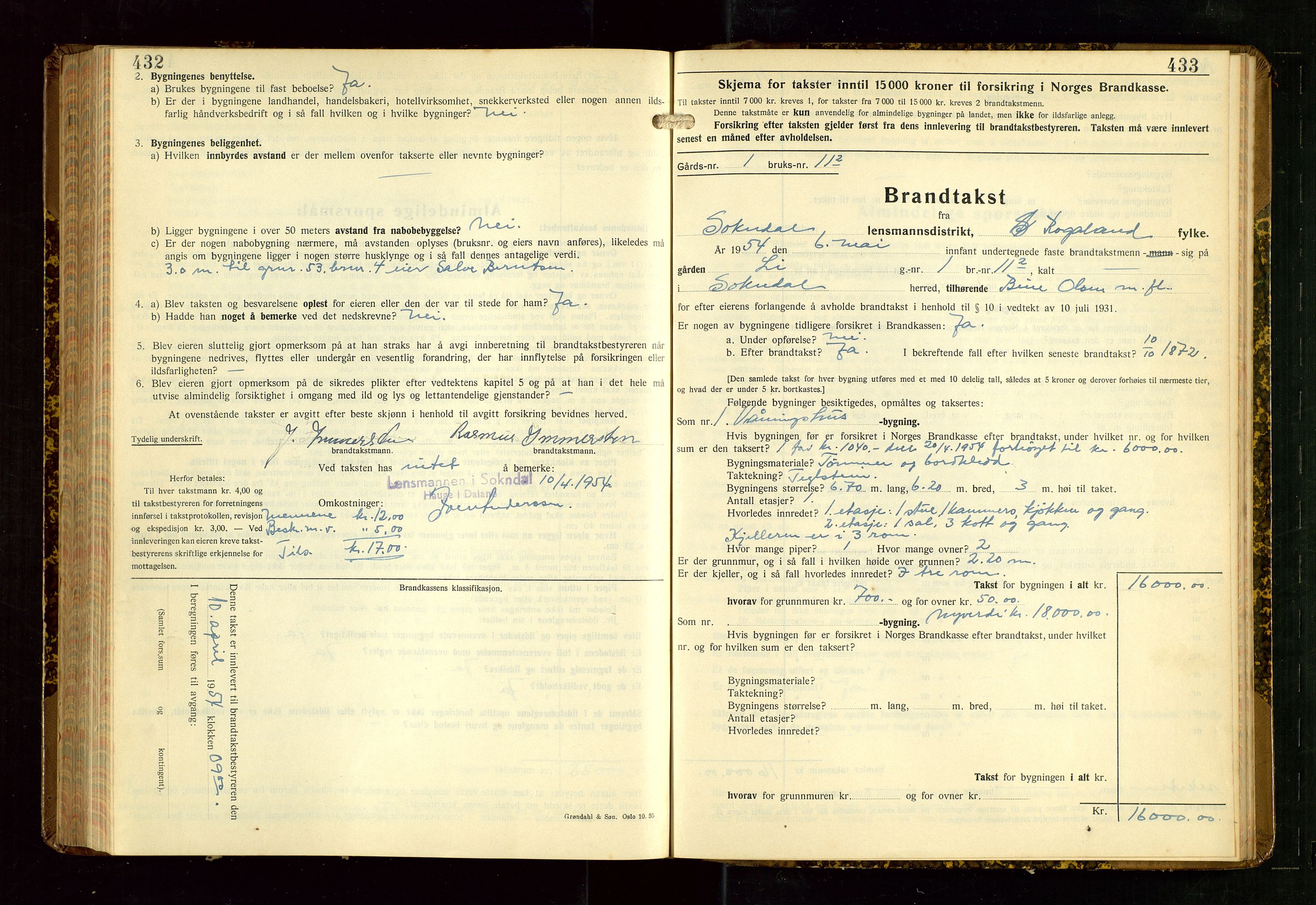 Sokndal lensmannskontor, AV/SAST-A-100417/Gob/L0008: "Brandtakst-Protokoll", 1937-1955, p. 432-433