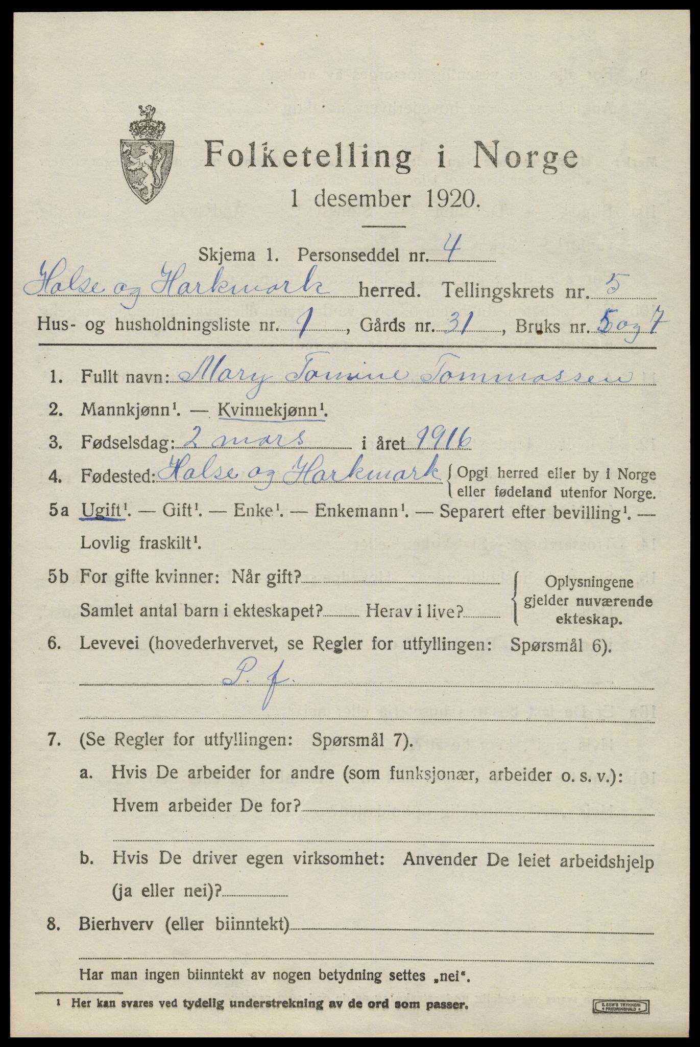 SAK, 1920 census for Halse og Harkmark, 1920, p. 3046