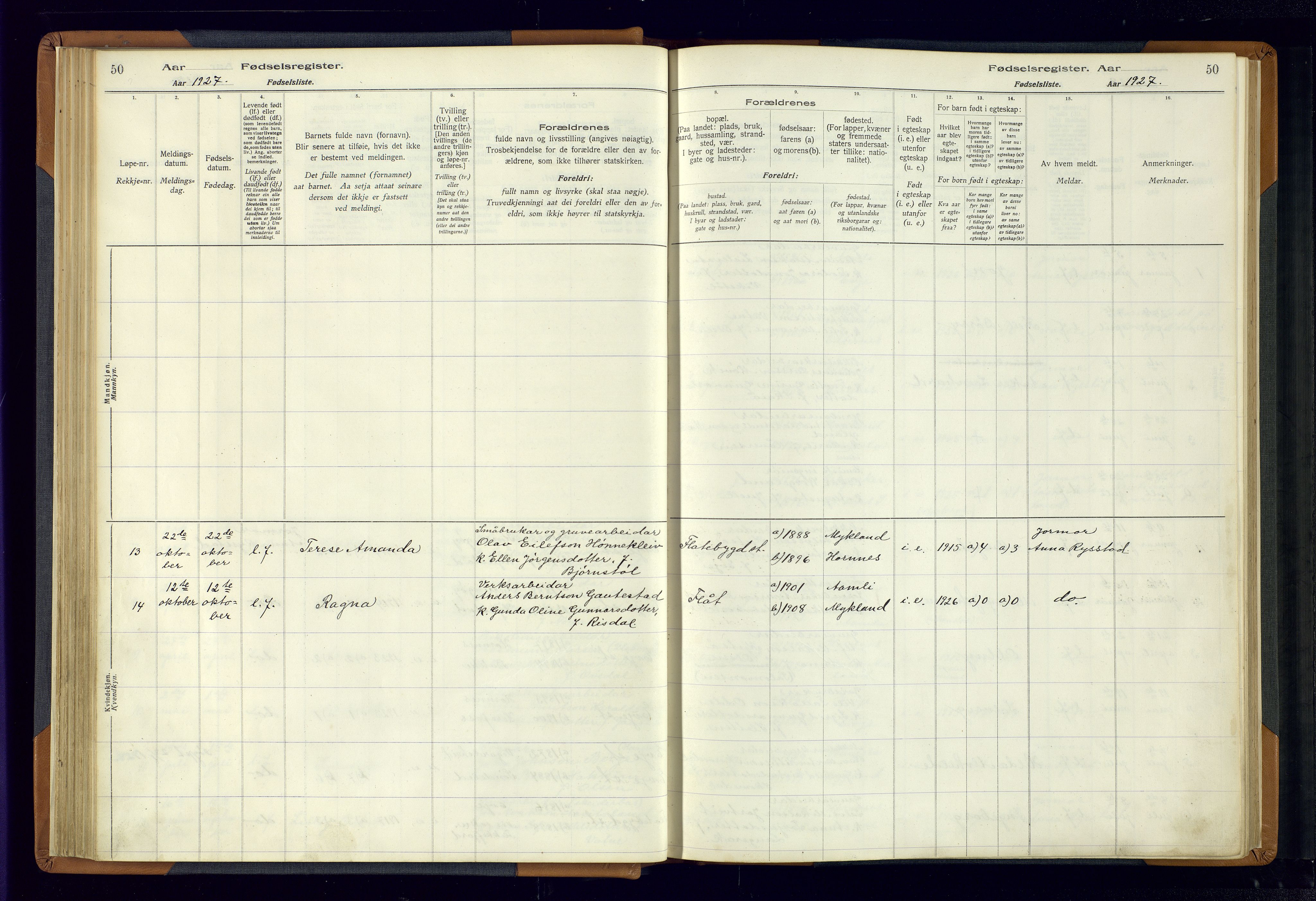 Evje sokneprestkontor, AV/SAK-1111-0008/J/Jc/L0004: Birth register no. 4, 1916-1968, p. 50