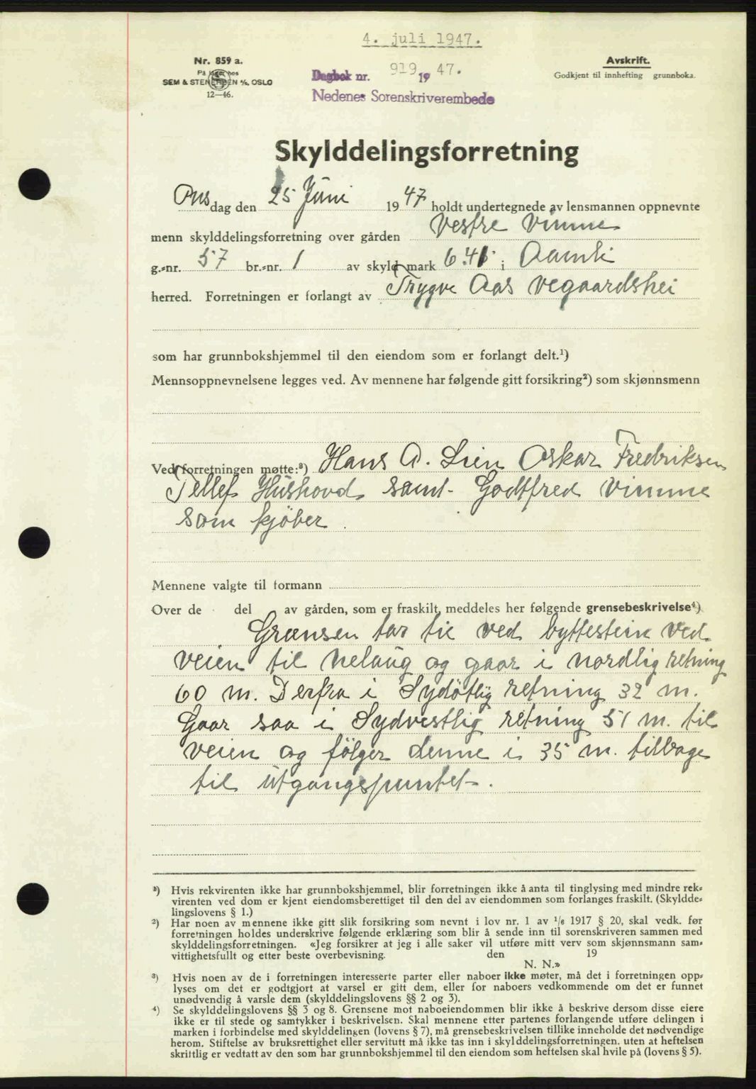 Nedenes sorenskriveri, SAK/1221-0006/G/Gb/Gba/L0057: Mortgage book no. A9, 1947-1947, Diary no: : 919/1947