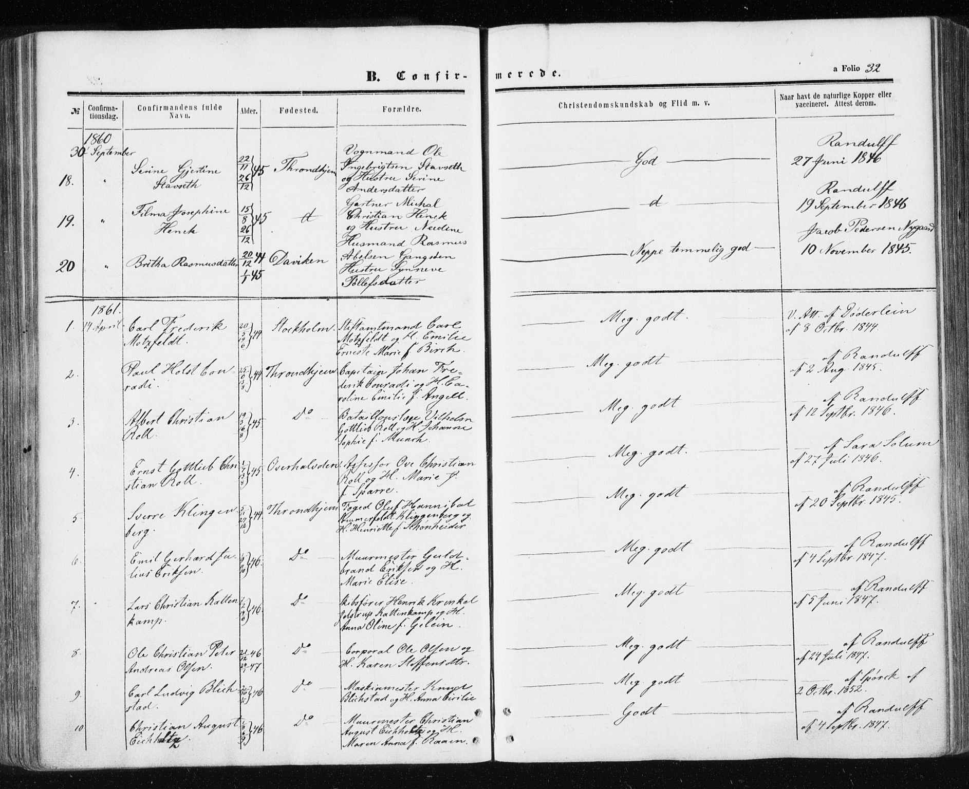 Ministerialprotokoller, klokkerbøker og fødselsregistre - Sør-Trøndelag, AV/SAT-A-1456/601/L0053: Parish register (official) no. 601A21, 1857-1865, p. 32