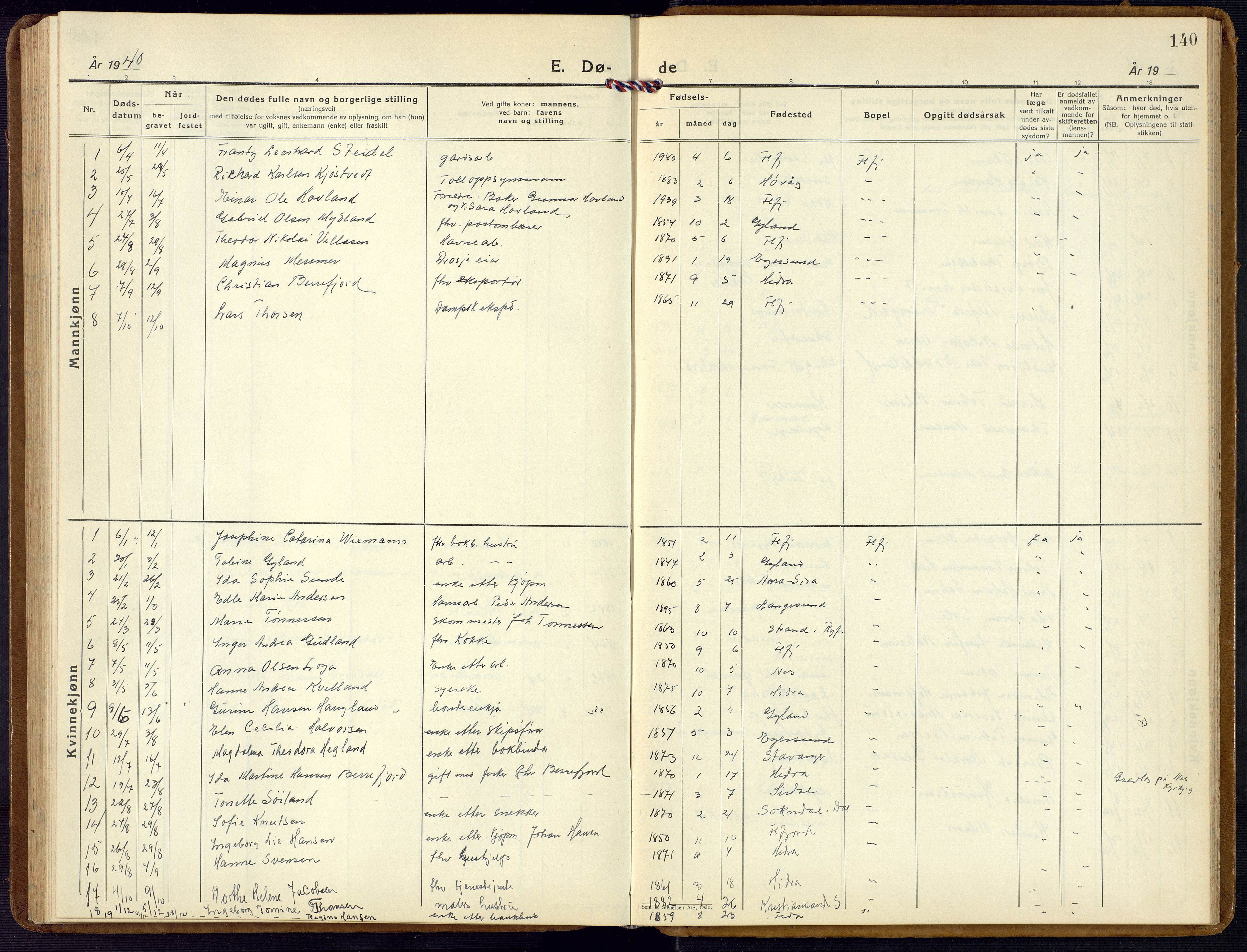 Flekkefjord sokneprestkontor, AV/SAK-1111-0012/F/Fb/Fba/L0003: Parish register (copy) no. B 3, 1932-1969, p. 140