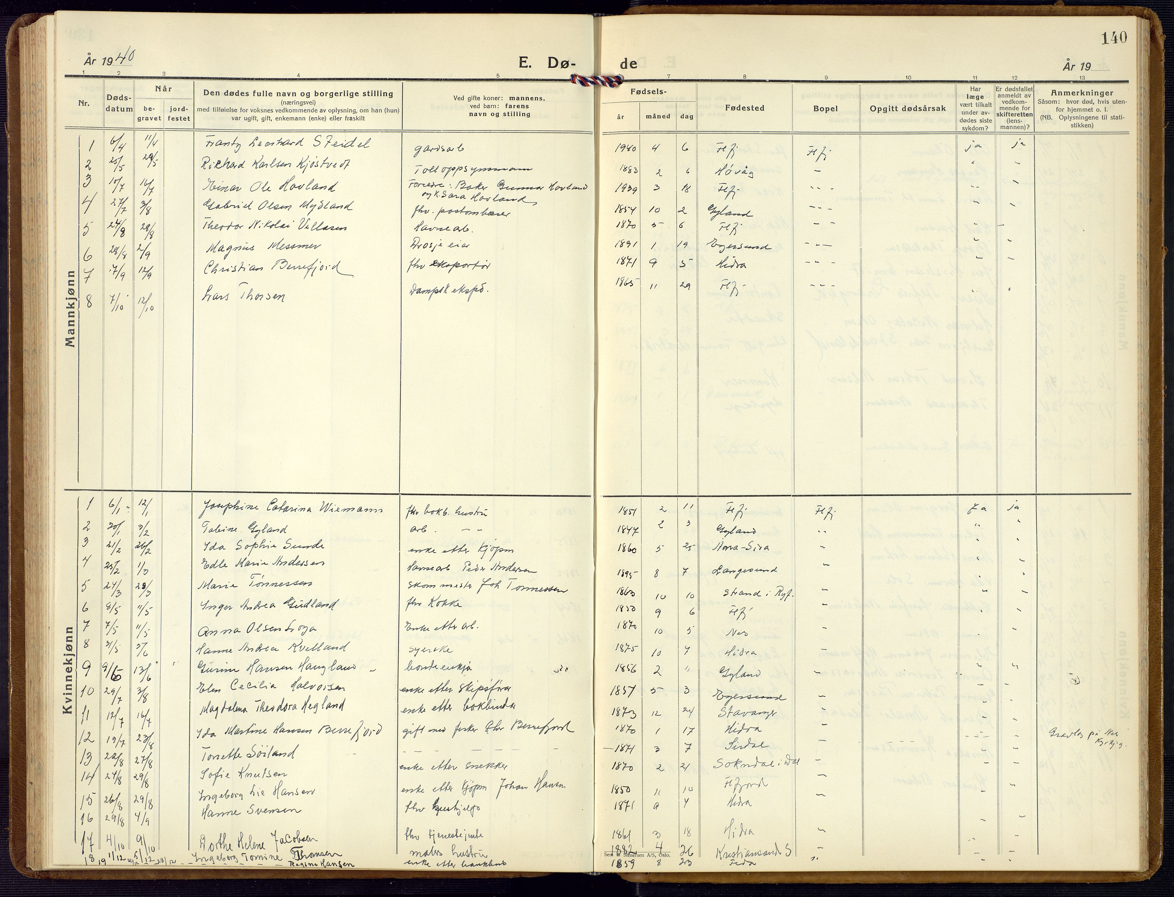 Flekkefjord sokneprestkontor, AV/SAK-1111-0012/F/Fb/Fba/L0003: Parish register (copy) no. B 3, 1932-1969, p. 140