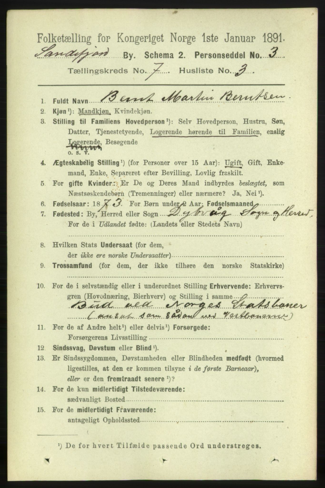 RA, 1891 census for 0706 Sandefjord, 1891, p. 2895