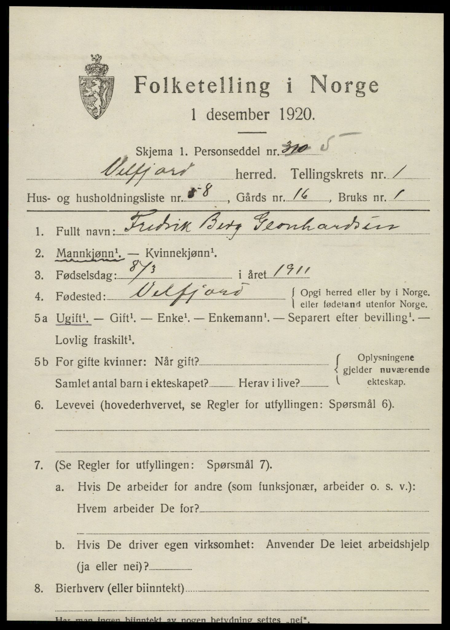 SAT, 1920 census for Velfjord, 1920, p. 1201