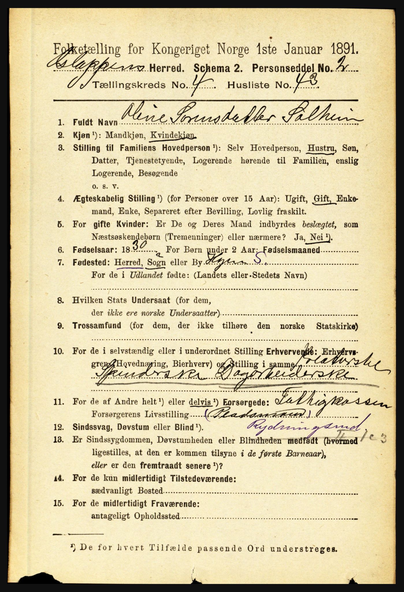 RA, 1891 census for 1445 Gloppen, 1891, p. 2020