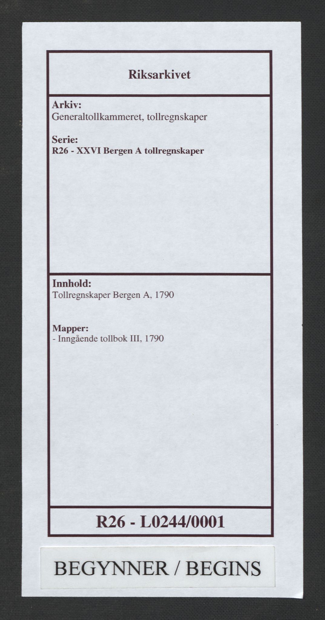 Generaltollkammeret, tollregnskaper, RA/EA-5490/R26/L0244/0001: Tollregnskaper Bergen A / Inngående tollbok III, 1790