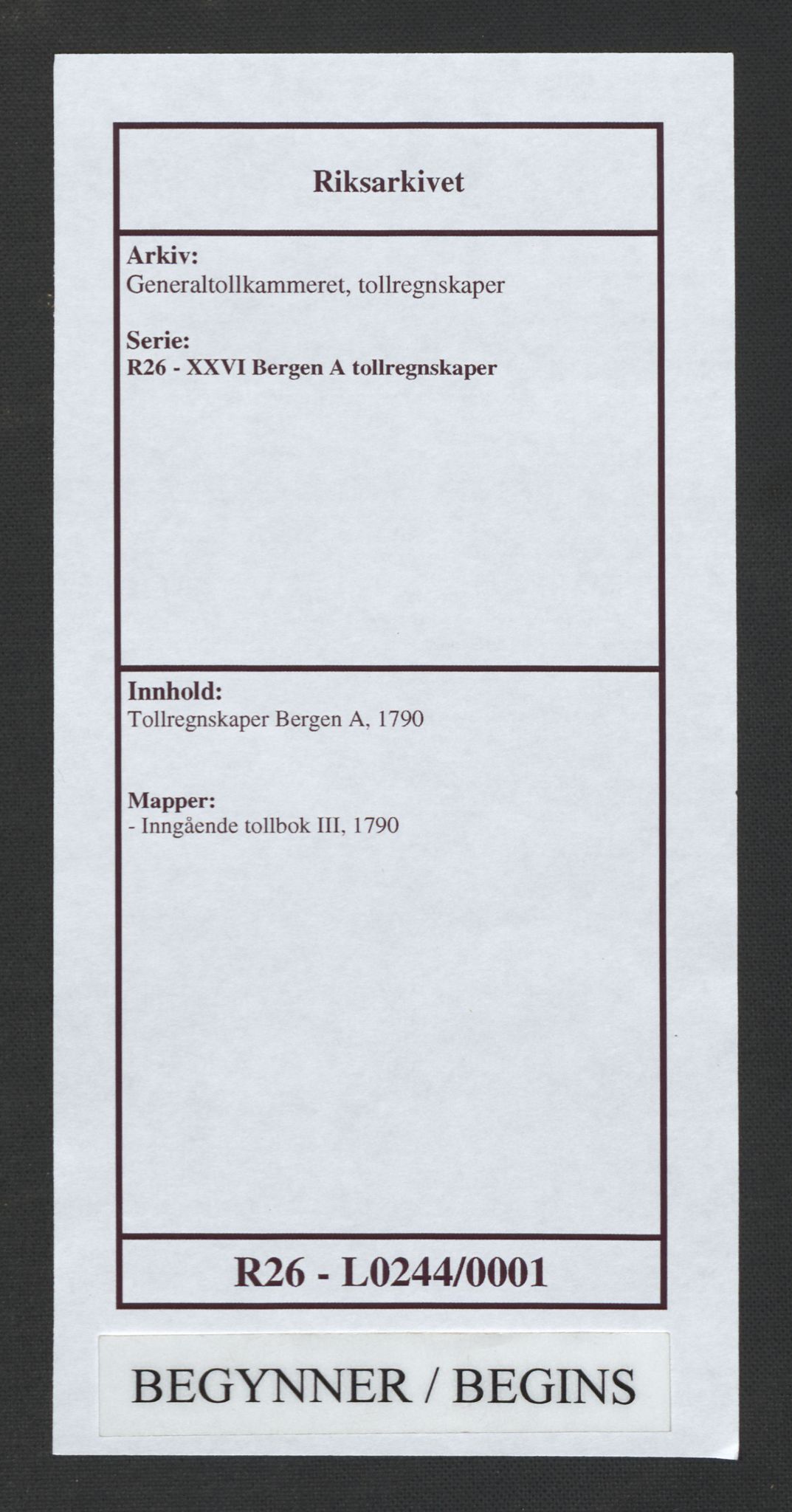 Generaltollkammeret, tollregnskaper, AV/RA-EA-5490/R26/L0244/0001: Tollregnskaper Bergen A / Inngående tollbok III, 1790