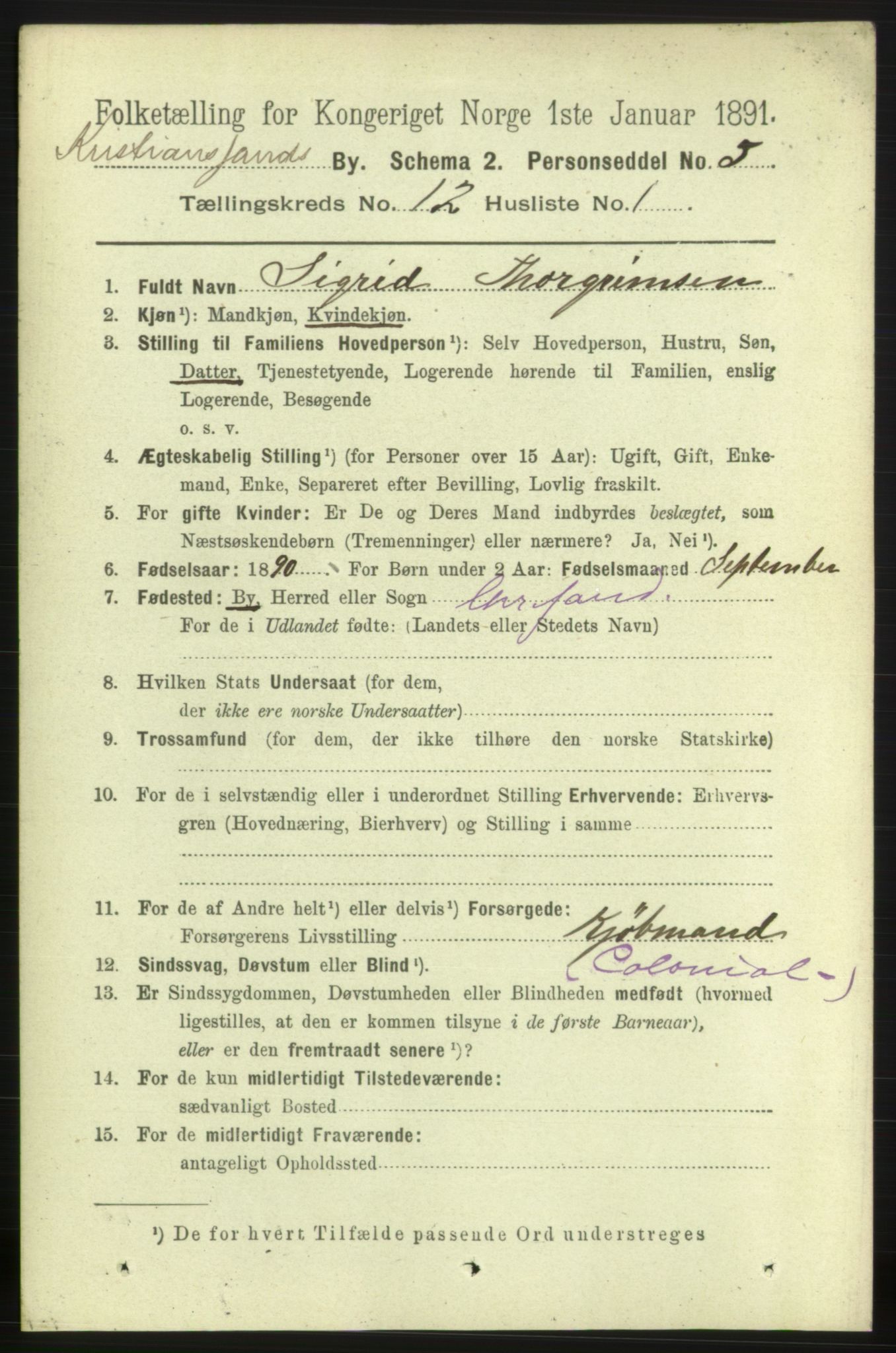 RA, 1891 census for 1001 Kristiansand, 1891, p. 6006