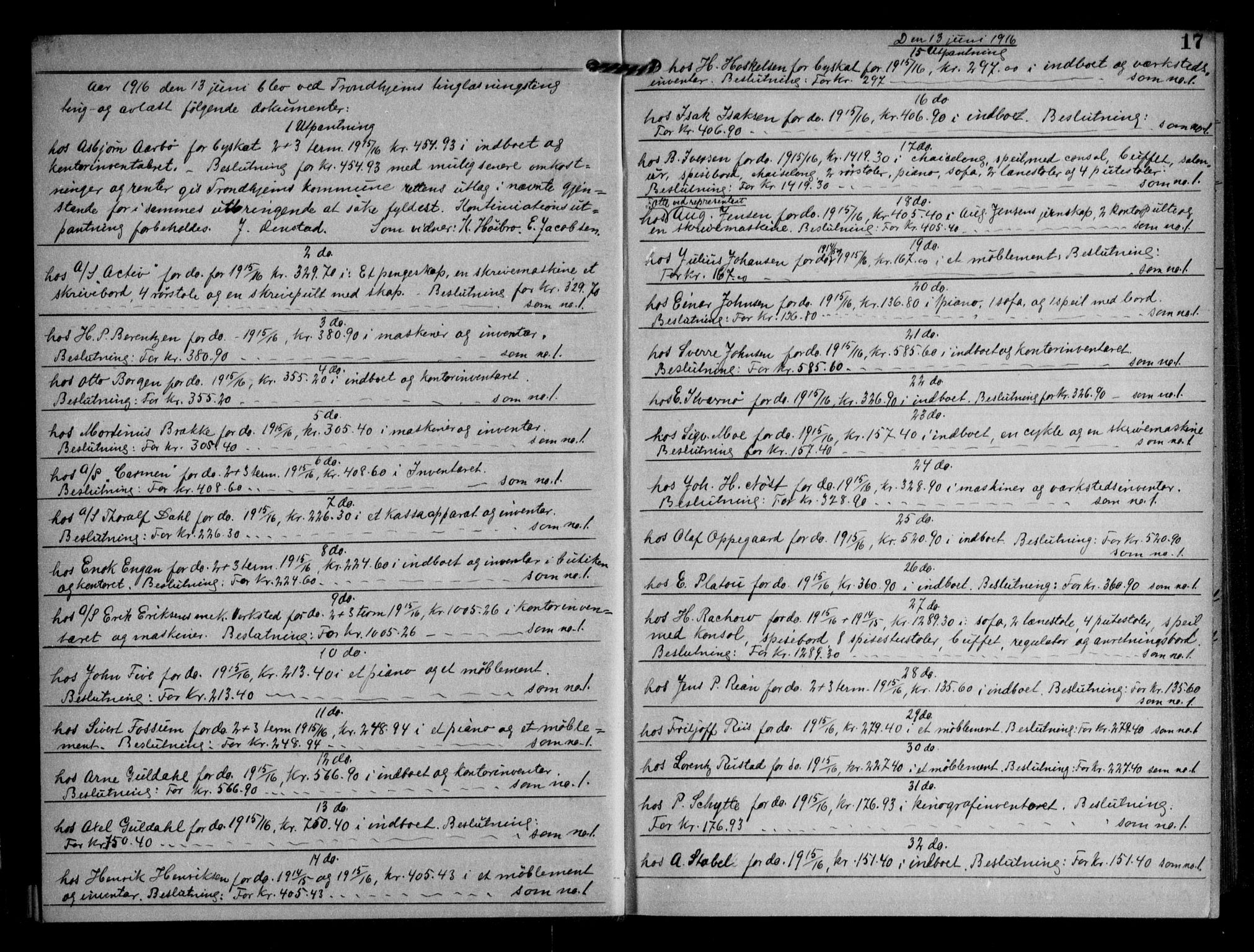 Trondheim byfogd, AV/SAT-A-0003/1/2/2C/L0057: Mortgage book no. 56, 1916-1917, p. 17