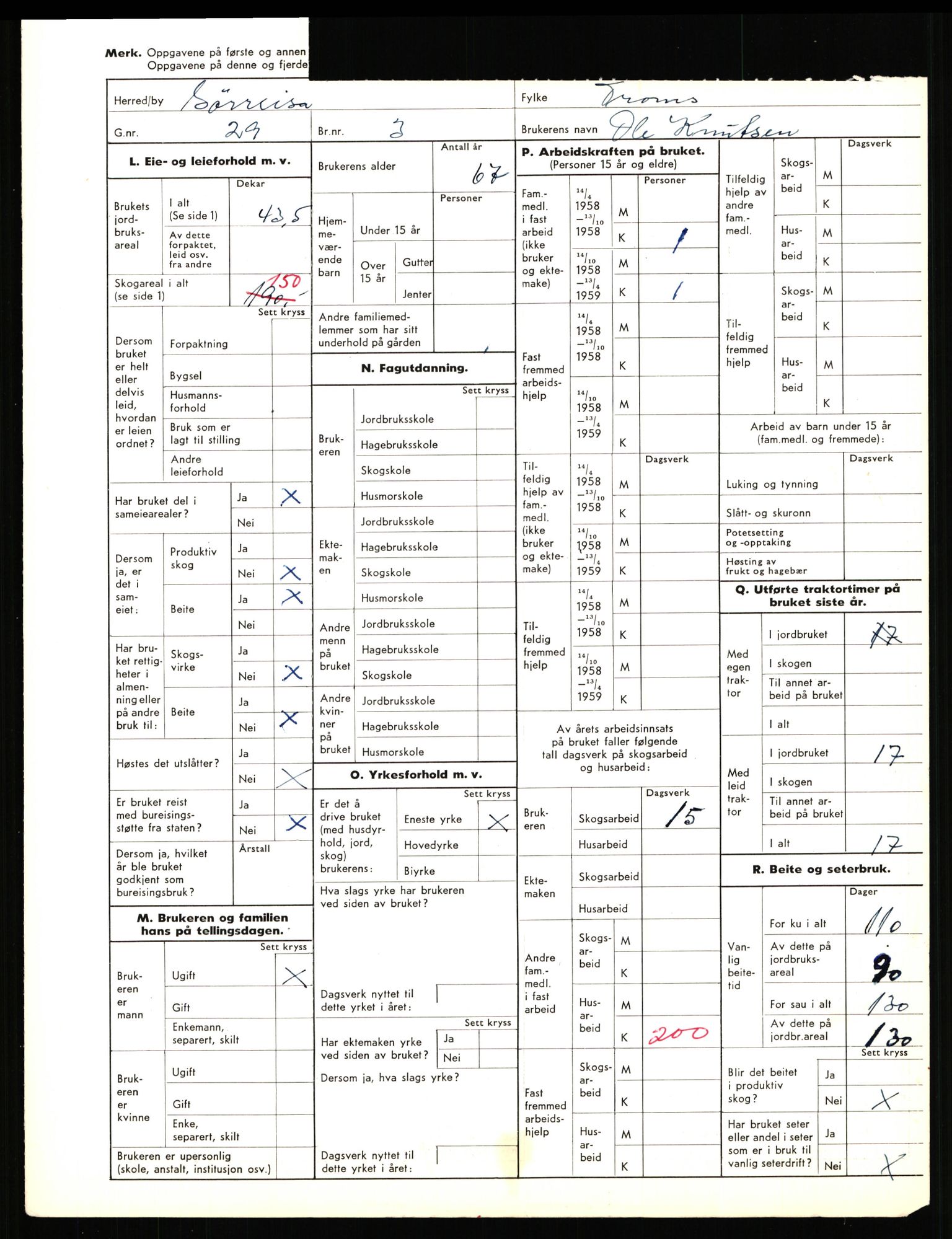 Statistisk sentralbyrå, Næringsøkonomiske emner, Jordbruk, skogbruk, jakt, fiske og fangst, AV/RA-S-2234/G/Gd/L0656: Troms: 1924 Målselv (kl. 0-3) og 1925 Sørreisa, 1959, p. 1932