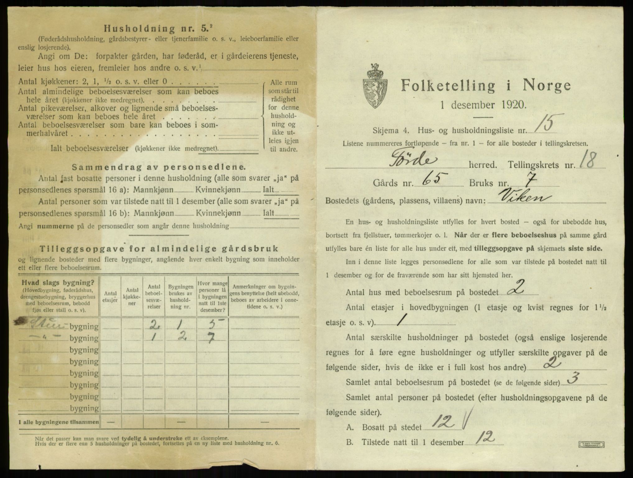 SAB, 1920 census for Førde, 1920, p. 1034