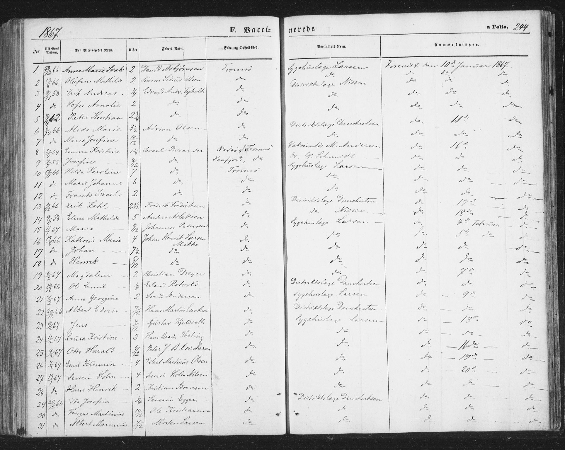 Tromsø sokneprestkontor/stiftsprosti/domprosti, SATØ/S-1343/G/Ga/L0012kirke: Parish register (official) no. 12, 1865-1871, p. 244