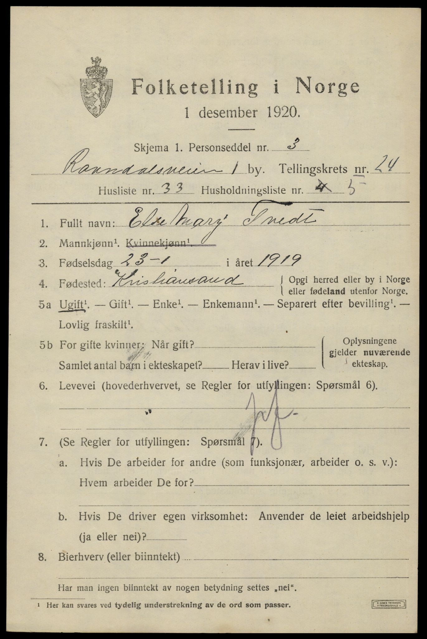 SAK, 1920 census for Kristiansand, 1920, p. 42797