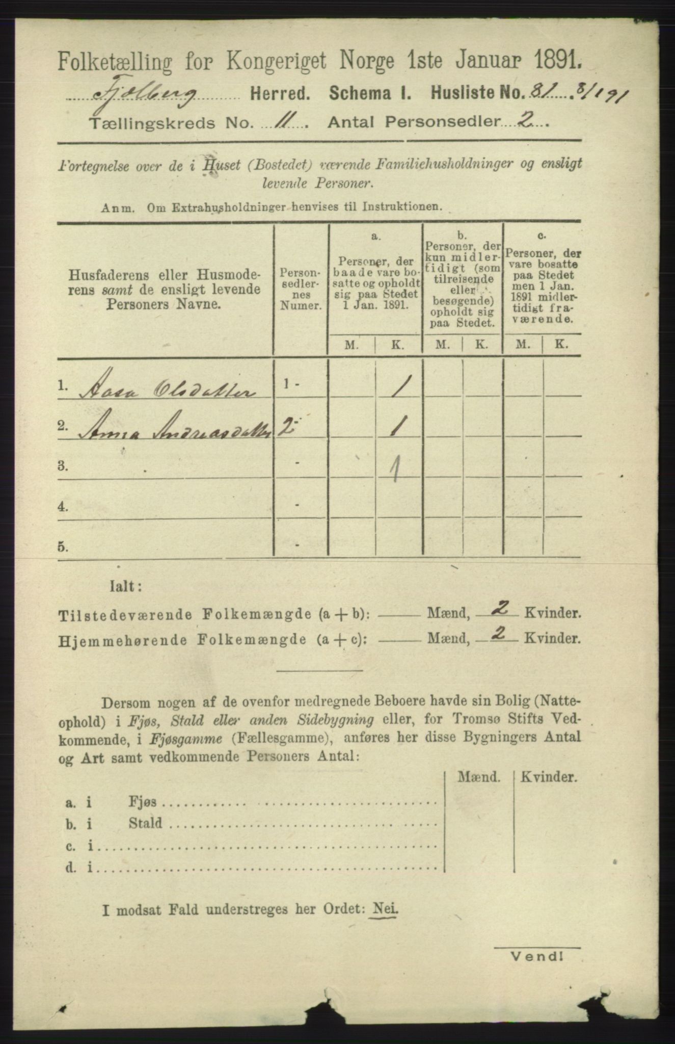 RA, 1891 census for 1213 Fjelberg, 1891, p. 4134