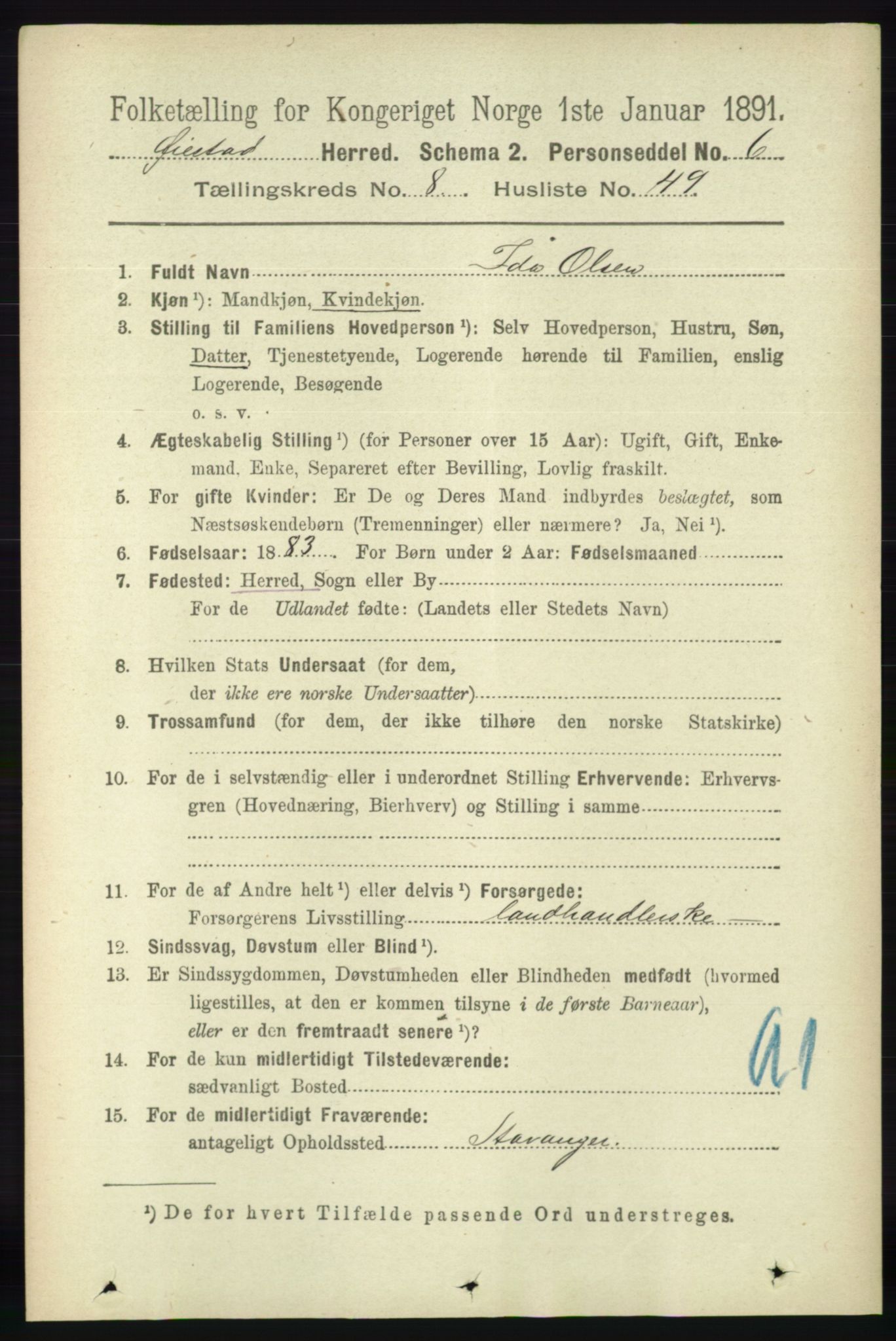 RA, 1891 census for 0920 Øyestad, 1891, p. 3467