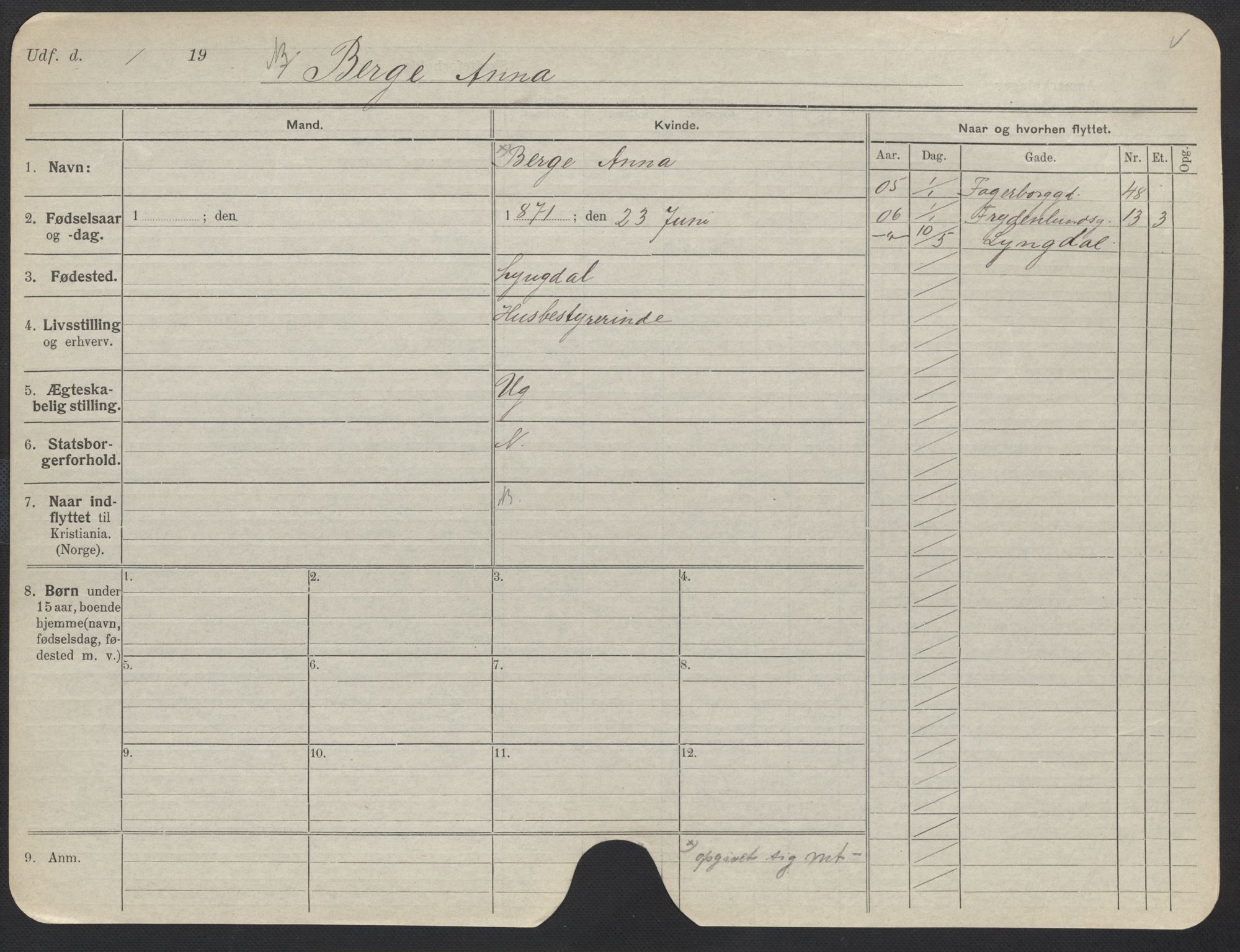 Oslo folkeregister, Registerkort, AV/SAO-A-11715/F/Fa/Fac/L0013: Kvinner, 1906-1914, p. 173a