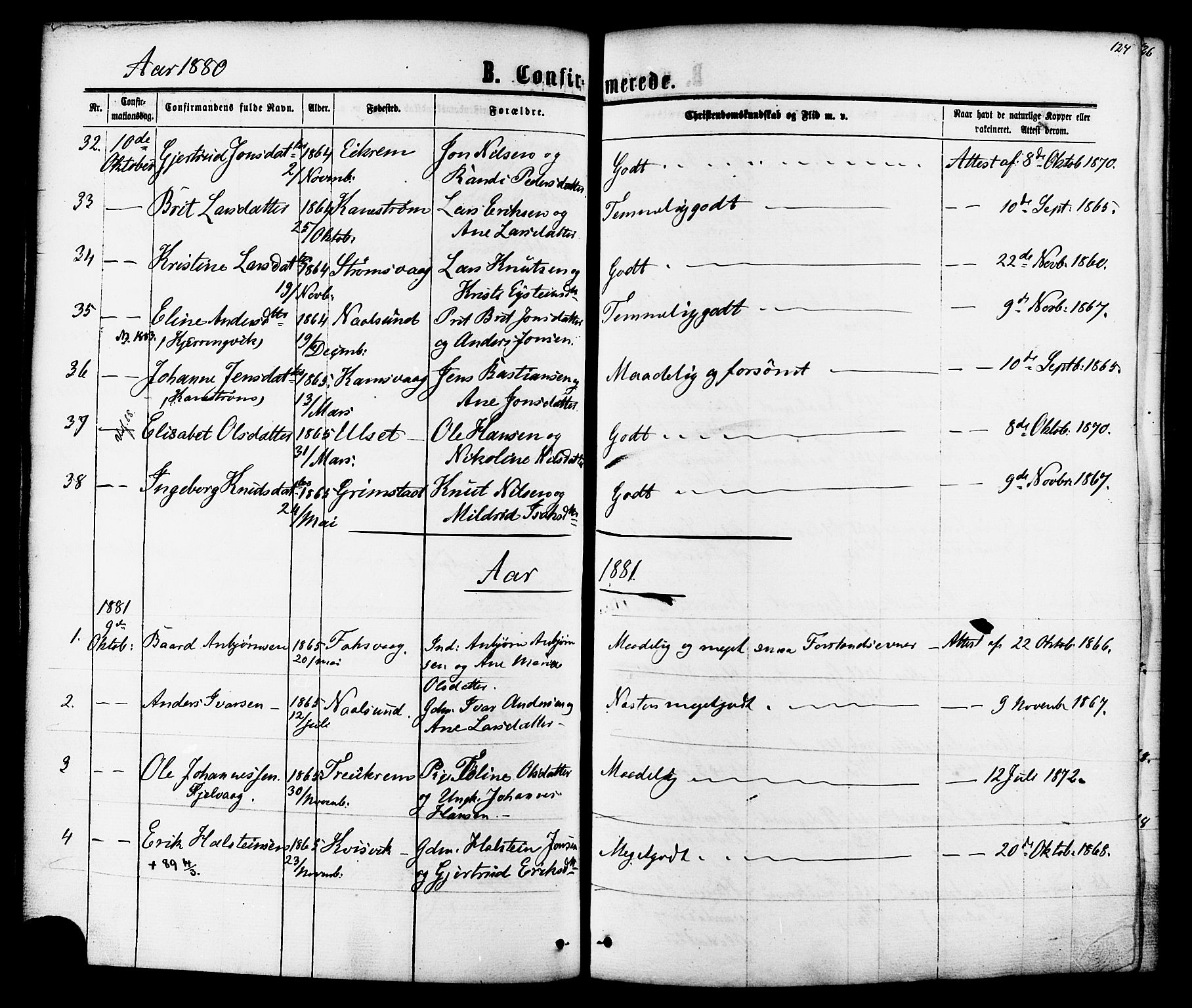 Ministerialprotokoller, klokkerbøker og fødselsregistre - Møre og Romsdal, AV/SAT-A-1454/587/L0999: Parish register (official) no. 587A01, 1864-1886, p. 124