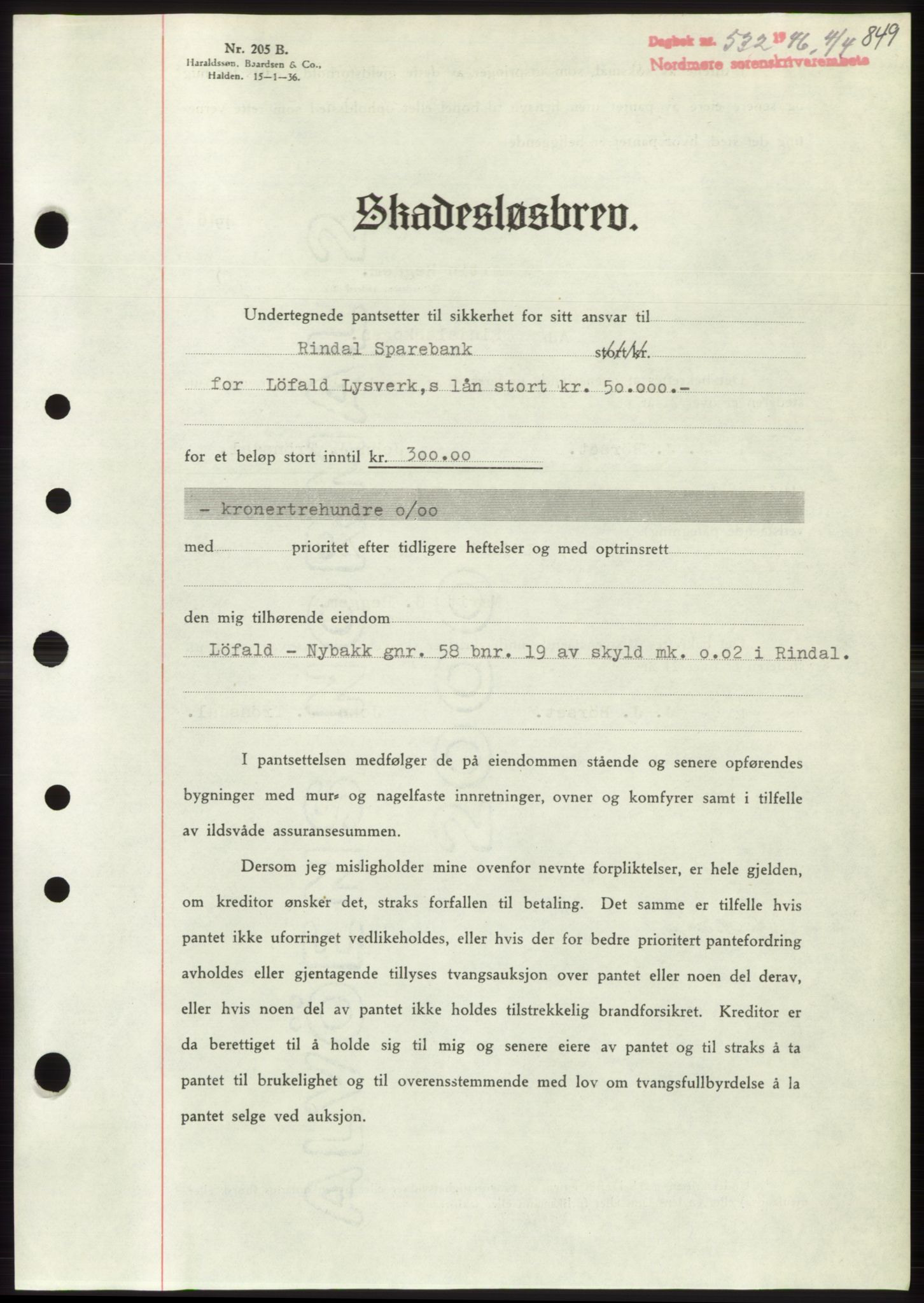 Nordmøre sorenskriveri, AV/SAT-A-4132/1/2/2Ca: Mortgage book no. B93b, 1946-1946, Diary no: : 532/1946