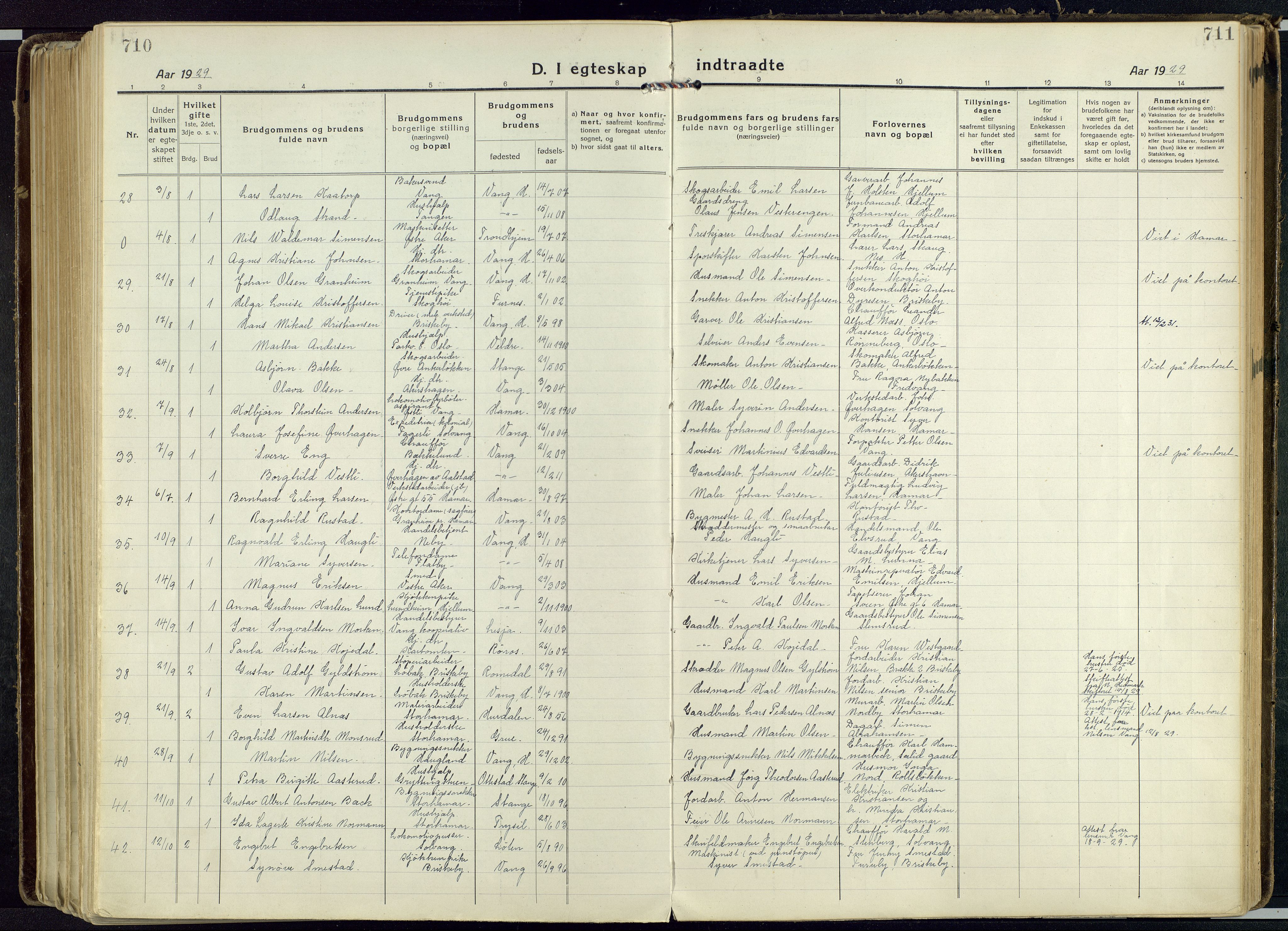 Vang prestekontor, Hedmark, AV/SAH-PREST-008/H/Ha/Haa/L0022: Parish register (official) no. 22, 1918-1944, p. 710-711