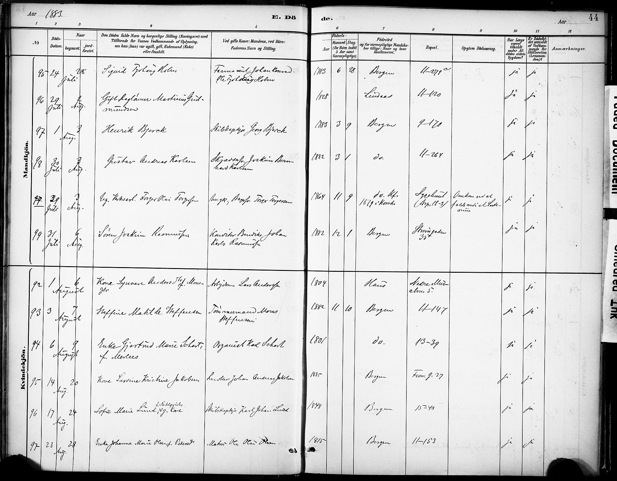 Domkirken sokneprestembete, AV/SAB-A-74801/H/Haa/L0043: Parish register (official) no. E 5, 1882-1904, p. 44