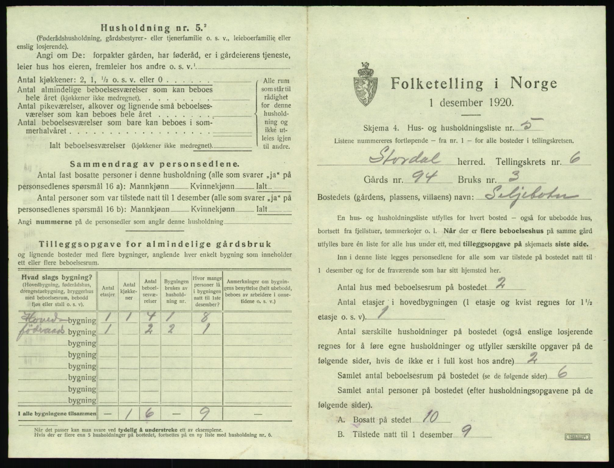 SAT, 1920 census for Stordal, 1920, p. 292