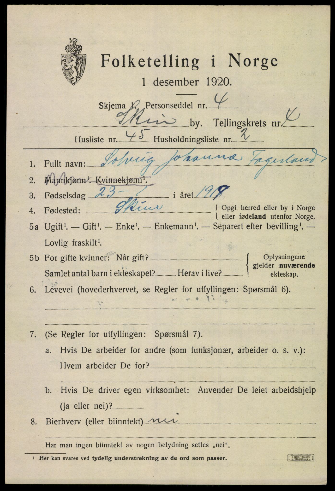 SAKO, 1920 census for Skien, 1920, p. 17300