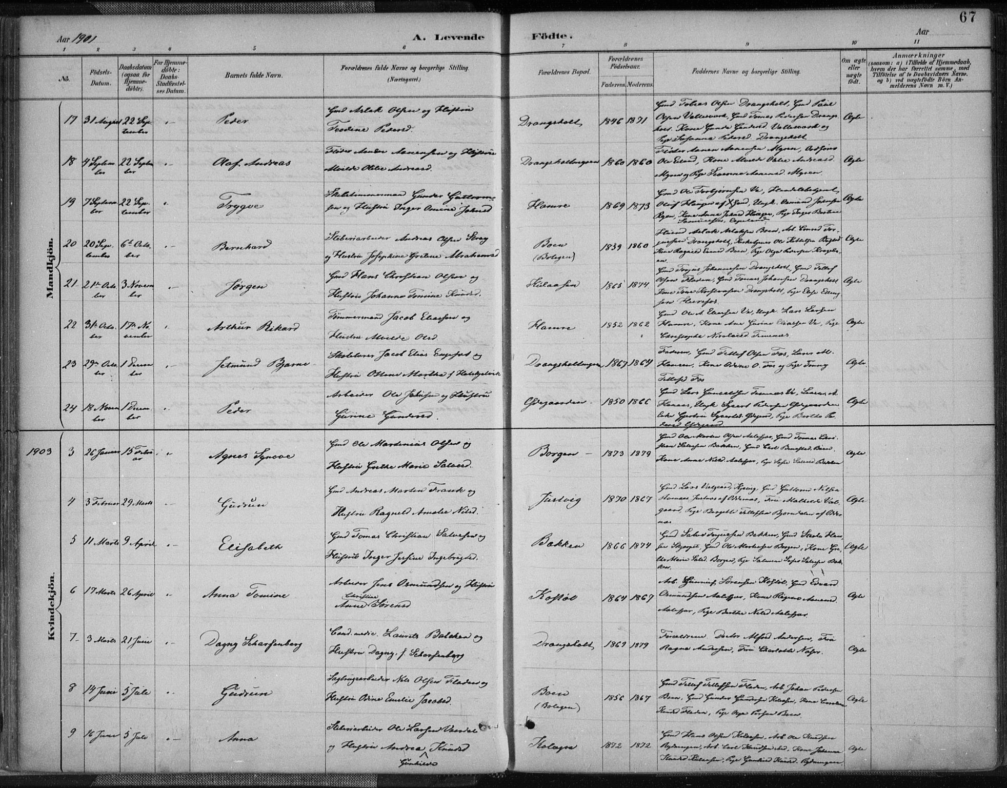 Tveit sokneprestkontor, SAK/1111-0043/F/Fa/L0007: Parish register (official) no. A 7, 1887-1908, p. 67