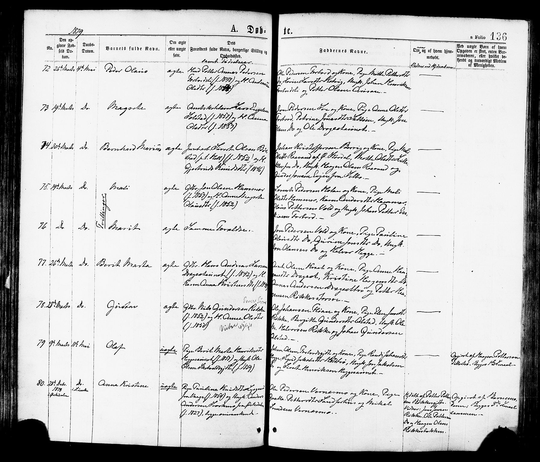 Ministerialprotokoller, klokkerbøker og fødselsregistre - Nord-Trøndelag, AV/SAT-A-1458/709/L0076: Parish register (official) no. 709A16, 1871-1879, p. 136