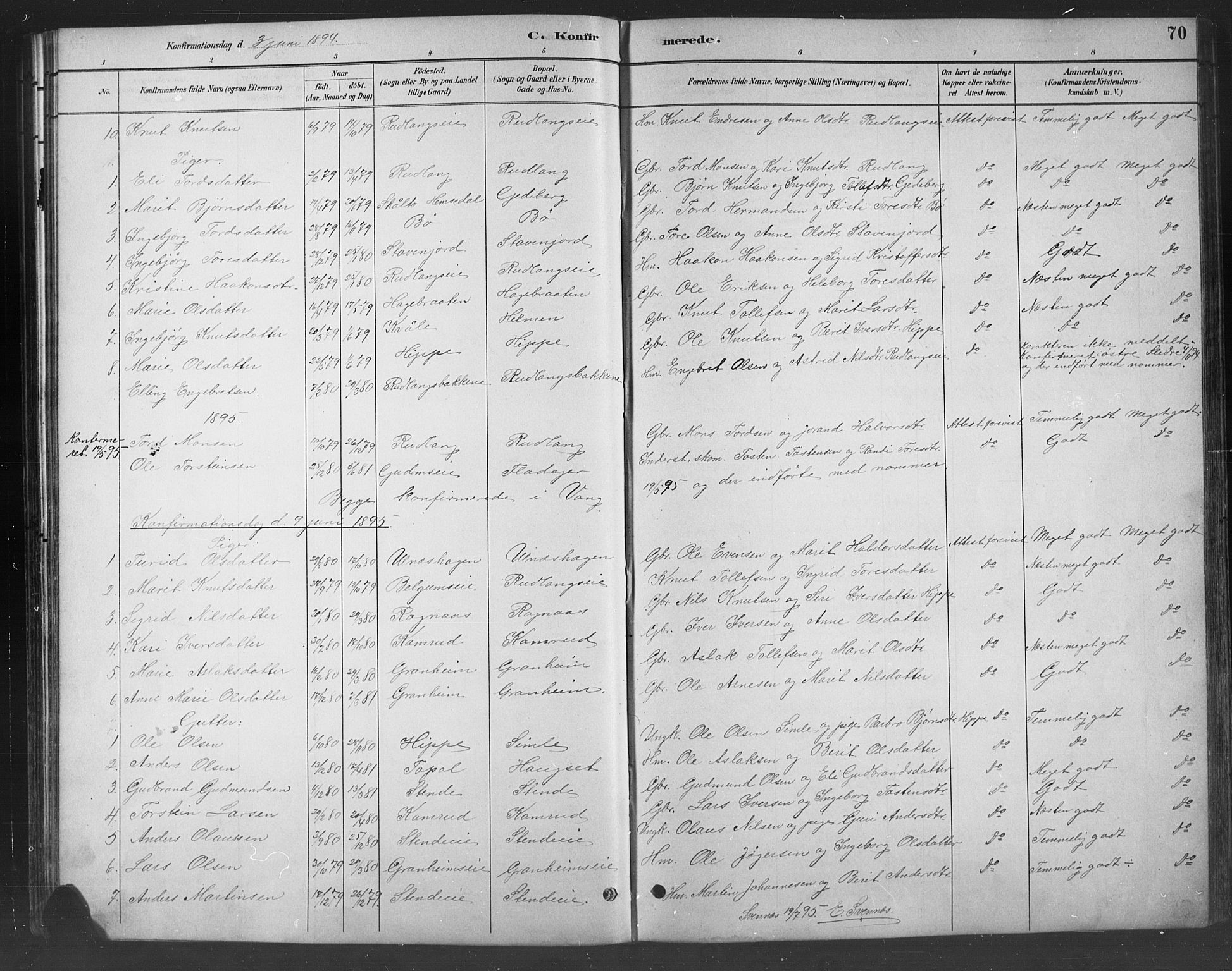 Nord-Aurdal prestekontor, SAH/PREST-132/H/Ha/Hab/L0008: Parish register (copy) no. 8, 1883-1916, p. 70