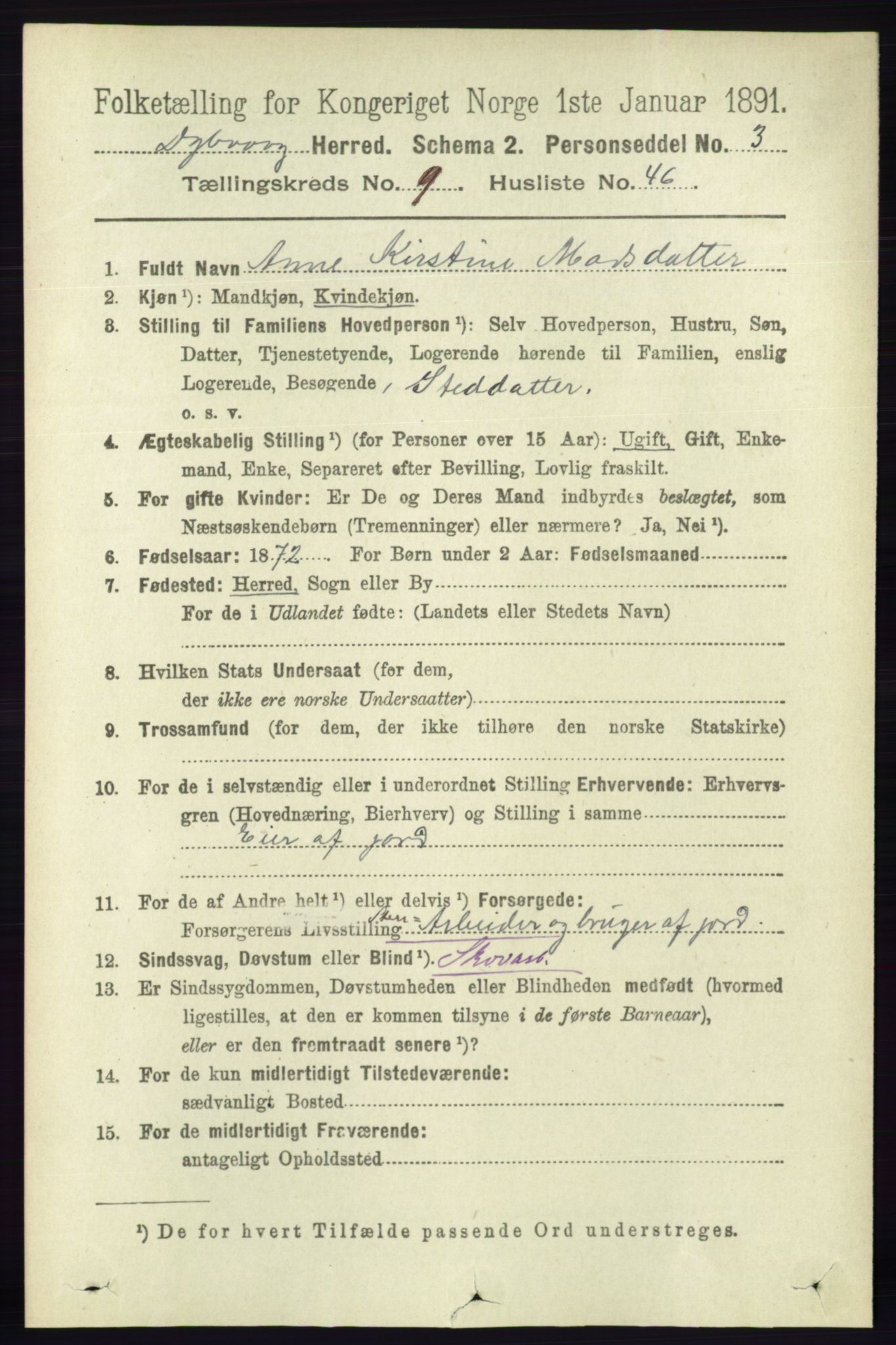 RA, 1891 census for 0915 Dypvåg, 1891, p. 3562