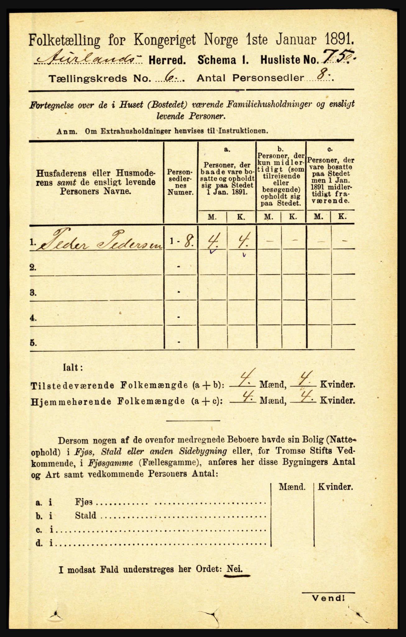 RA, 1891 census for 1421 Aurland, 1891, p. 2275