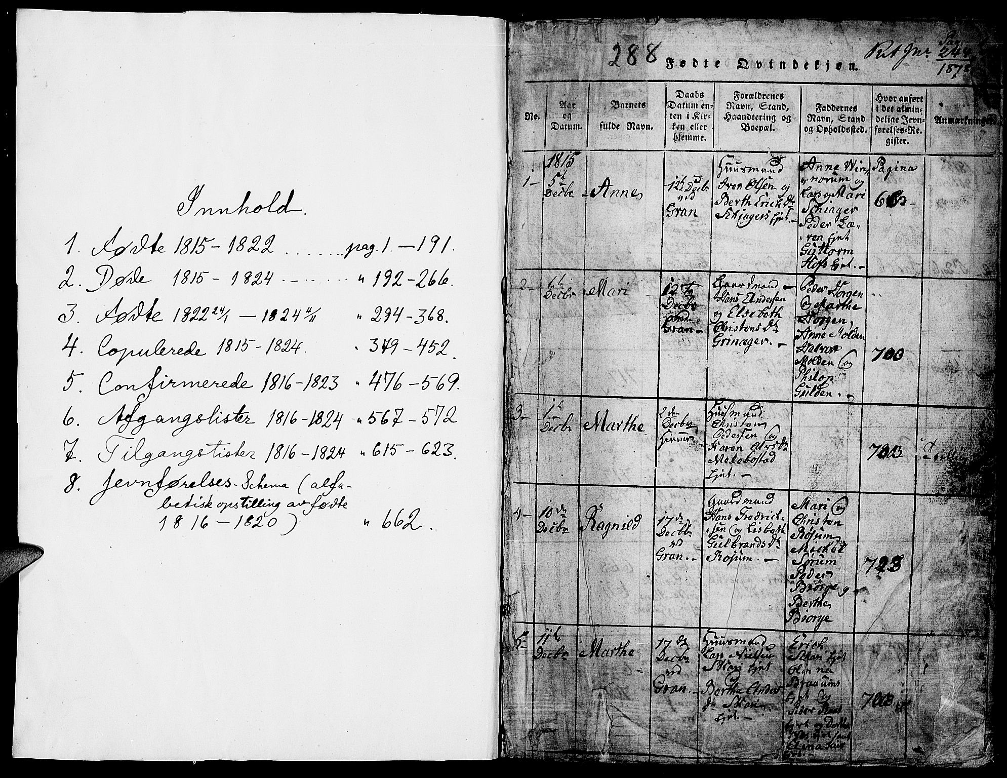 Gran prestekontor, SAH/PREST-112/H/Ha/Hab/L0001: Parish register (copy) no. 1, 1815-1824, p. 0-1