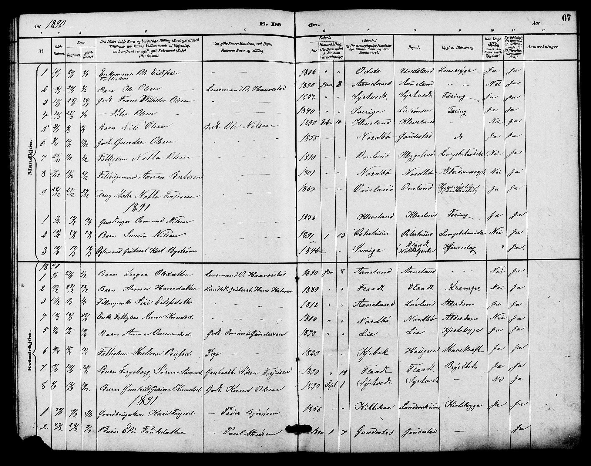 Evje sokneprestkontor, SAK/1111-0008/F/Fb/Fba/L0003: Parish register (copy) no. B 3, 1888-1903, p. 67