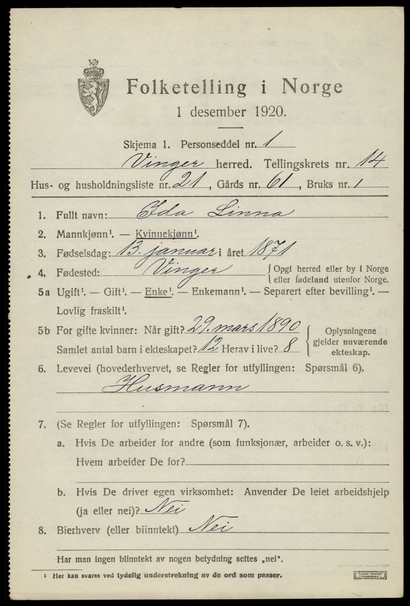 SAH, 1920 census for Vinger, 1920, p. 11604