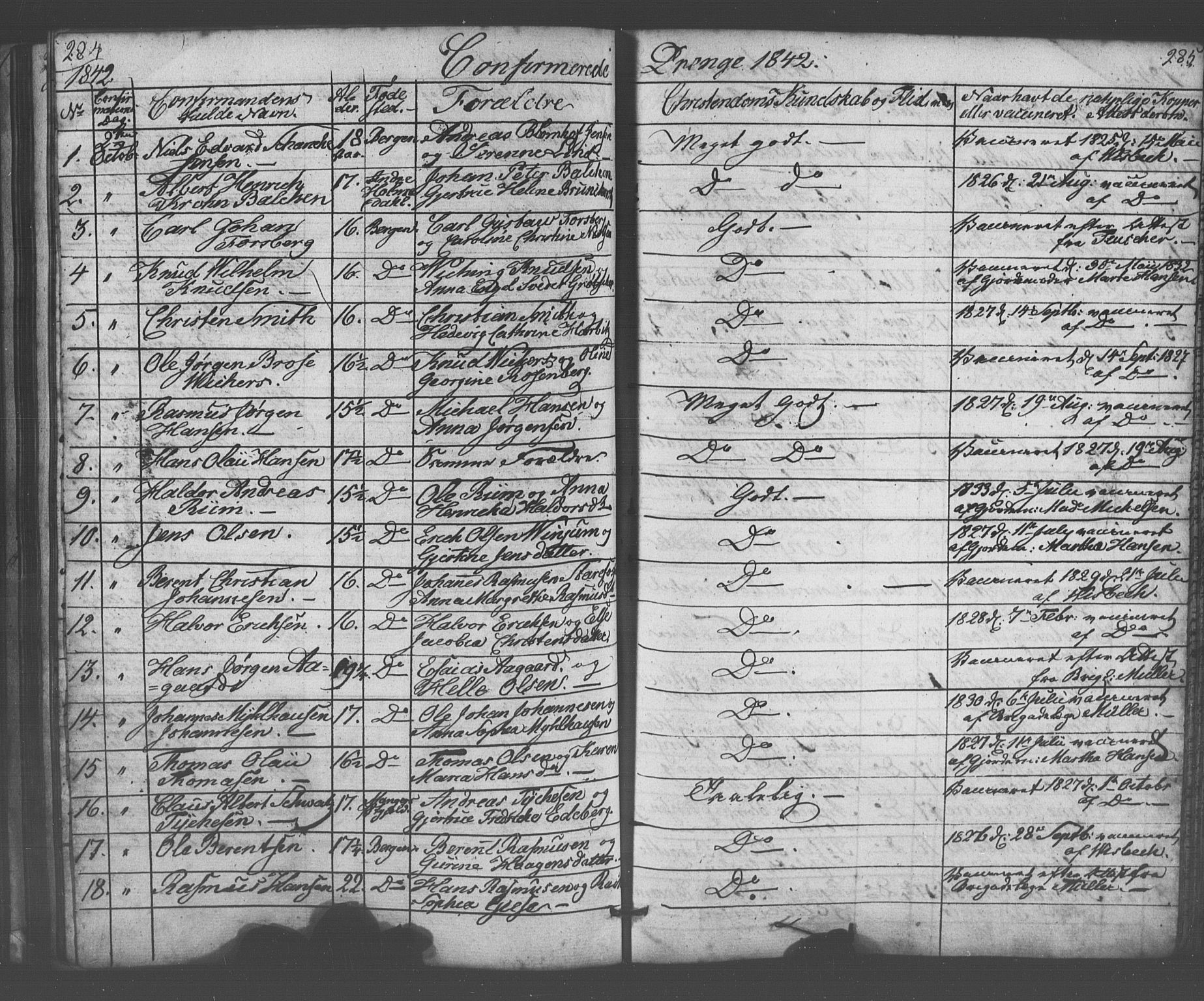 Domkirken sokneprestembete, AV/SAB-A-74801/H/Haa/L0063: Curate's parish register no. A 1, 1821-1848, p. 284-285